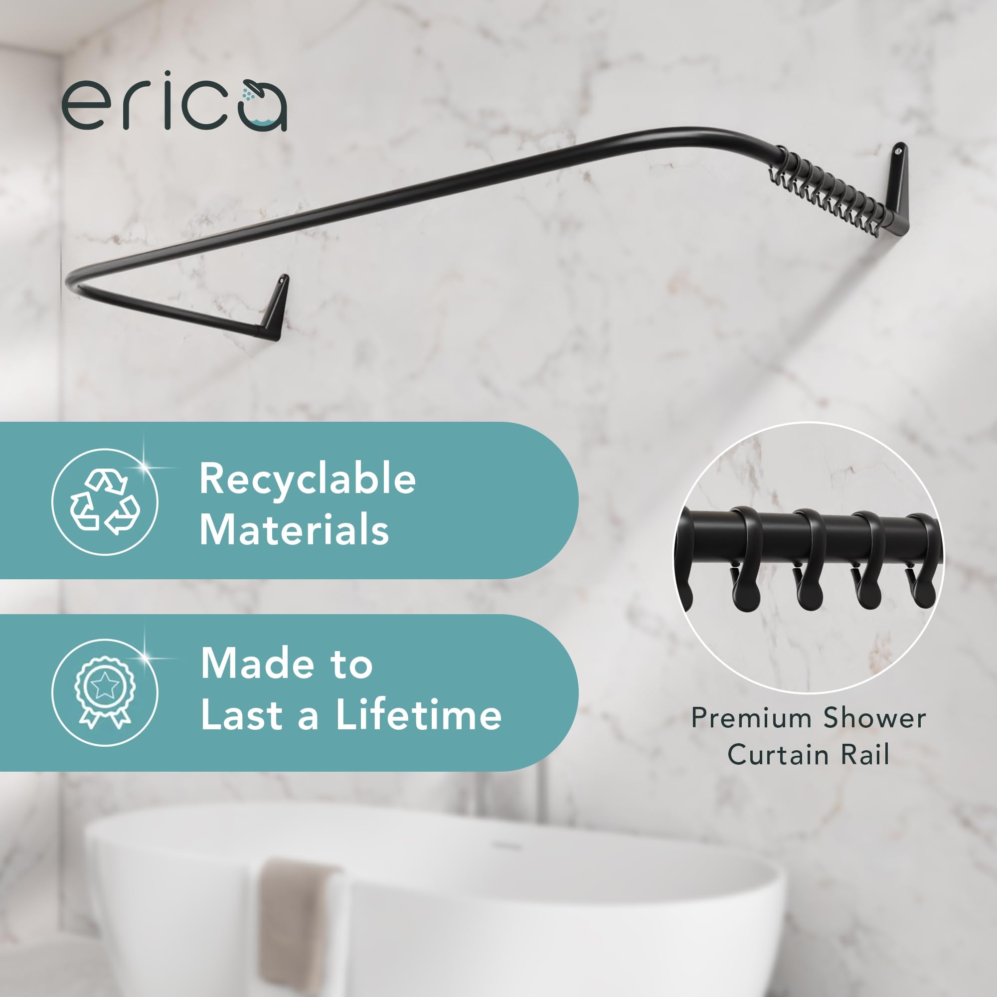 Erica 4 in 1 L & U-Shaped Shower Curtain Rod for Bathtubs, 27.5x65x27.5 Inches, Wall-Mounted Shower Curtain Pole, No Ceiling Support Needed, Curved Shower Rail, Black Powder-Coated Steel 4