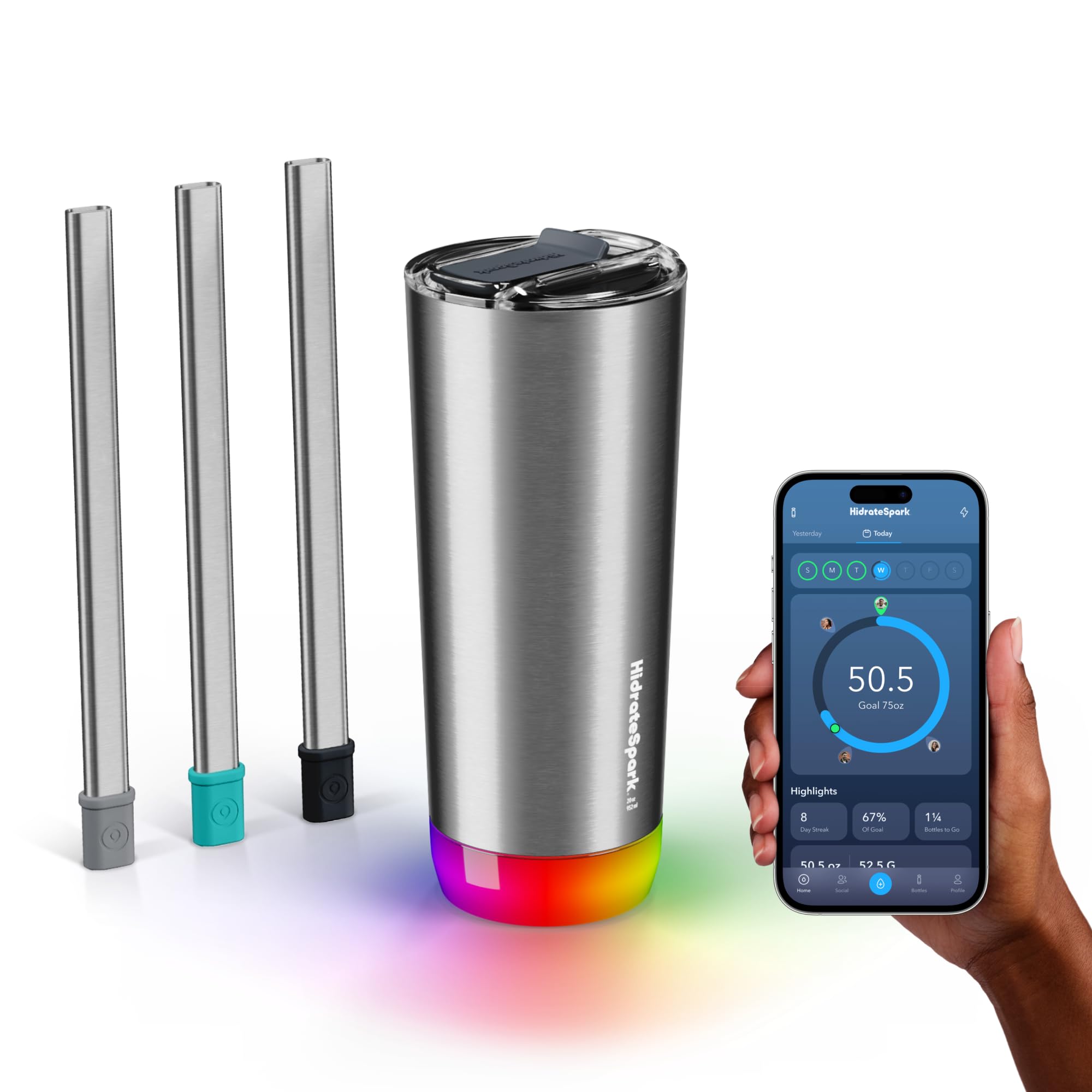 HidrateSpark PRO Smart Tumbler Bundle – Insulated Stainless Steel – Tracks Water Intake with Bluetooth, LED Glow Reminder When You Need to Drink – 20oz, Brushed Stainless Steel + 3 Straws 1