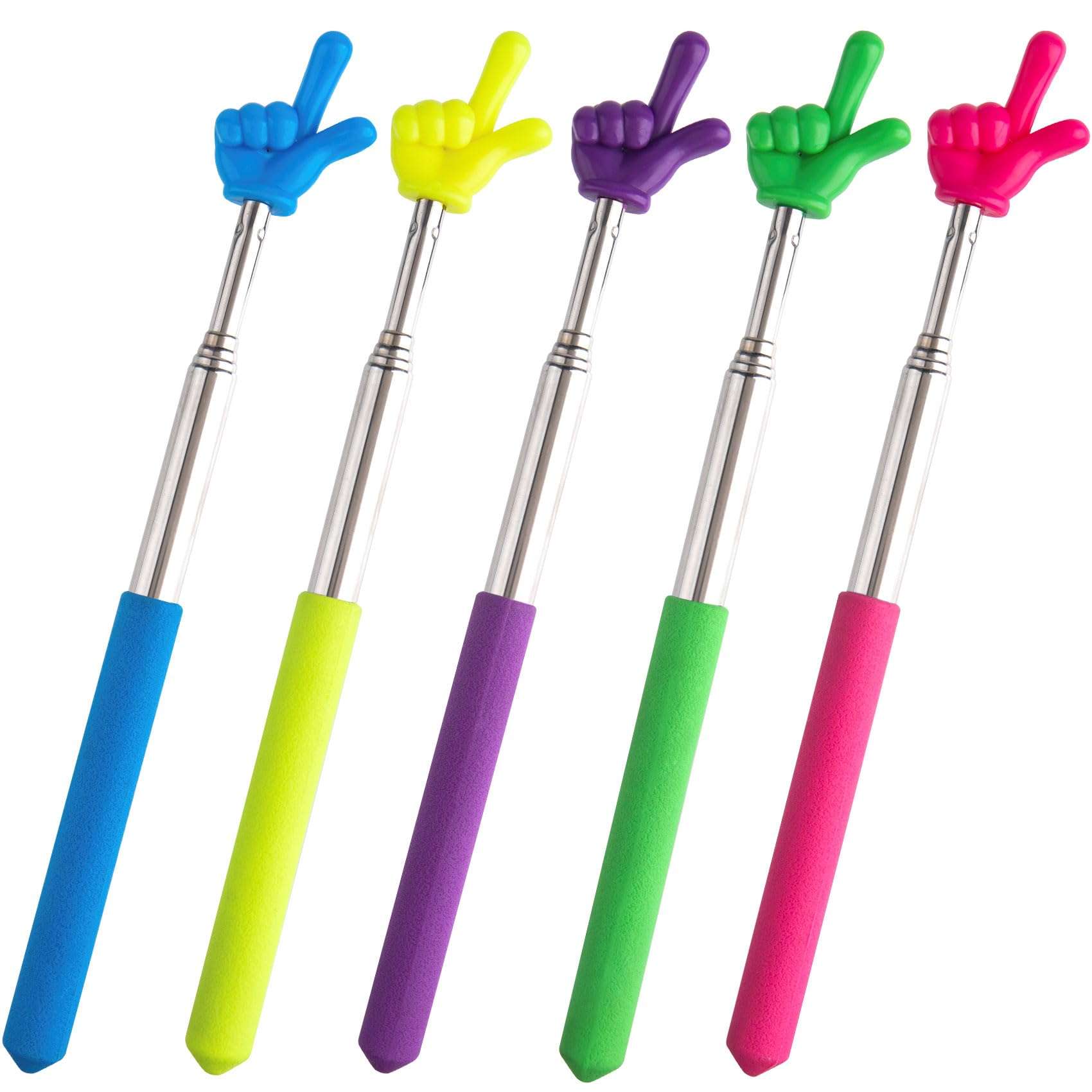 Pndeyo 5pcs Retractable Teacher Pointers for Classroom Reading, Hand-Shaped Presentation Pointer Stick, Mini Portable Finger Pointer Sticks Teach Supplies- Blue & Purple & Yellow & Green & Pink 1