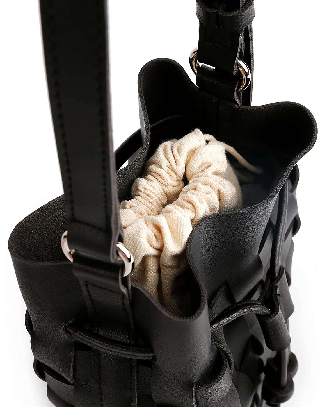 TIJN Woven Bucket Bag for Women Luxury Satchel Handbag with Vegan Leather Crossbody Bag,Black(Ailin) 6