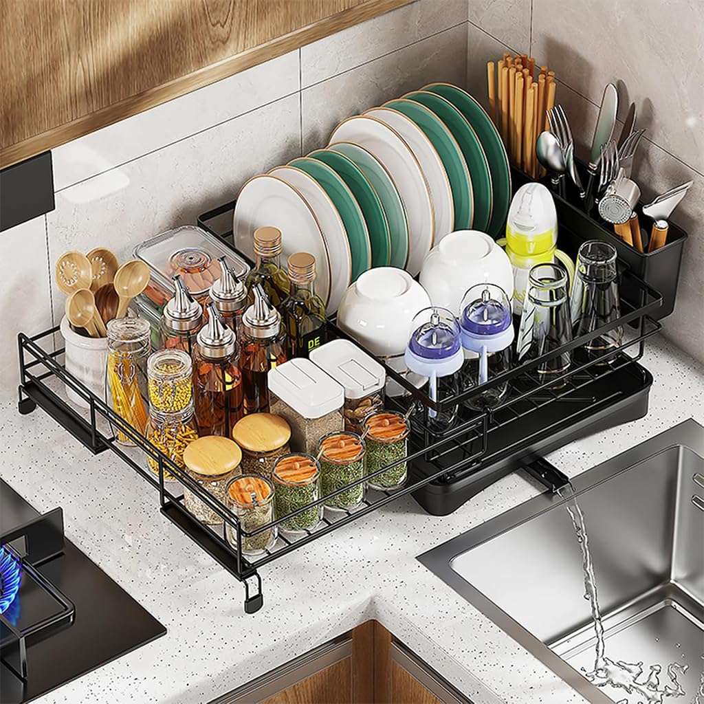 HASTHIP® Cotton Dish Drying Wire Countertop Rack for Kitchen Counter - Large Dish Rack with Drainboard, Rustproof Dish Drainer for Organized Dishwashing Zone 1