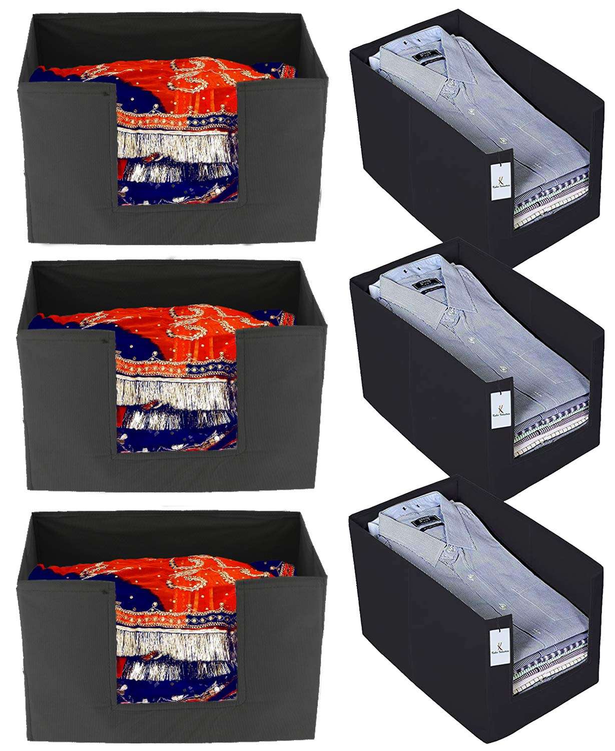 Kuber Industries Non Woven 3 Piece Shirt Stacker and 3 Piece Foldable Rectangle Cloth Saree Stacker Cloth Wardrobe Organizer Wardrobe Organizer (Black) -CTKTC38273 1