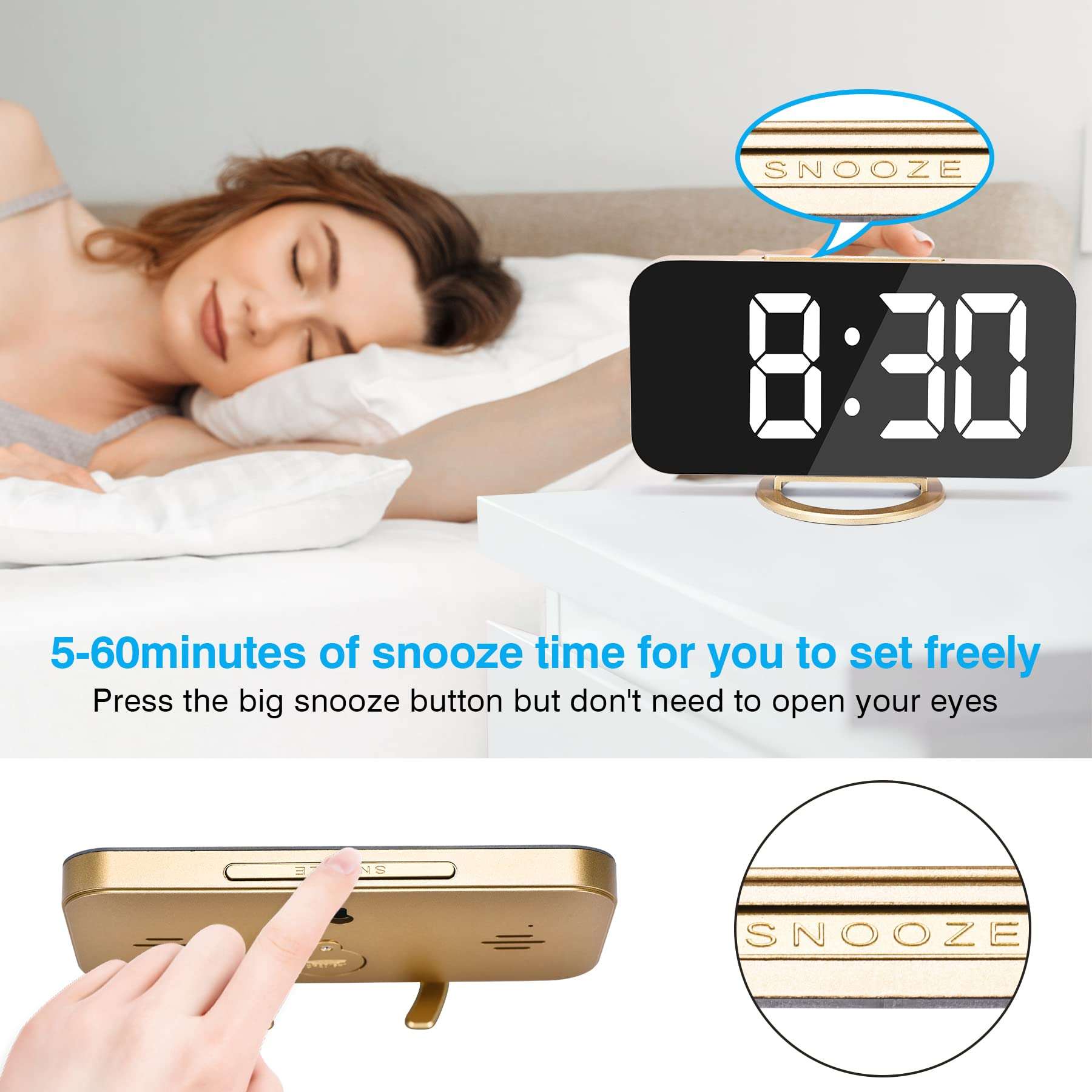 Sukeen Digital Alarm Clock,6" Large LED Display with Dual USB Charger Ports | Auto Dimmer Mode | Easy Snooze Function, Modern Mirror Desk Wall Clock for Bedroom Home Office for All People (Gold) 3