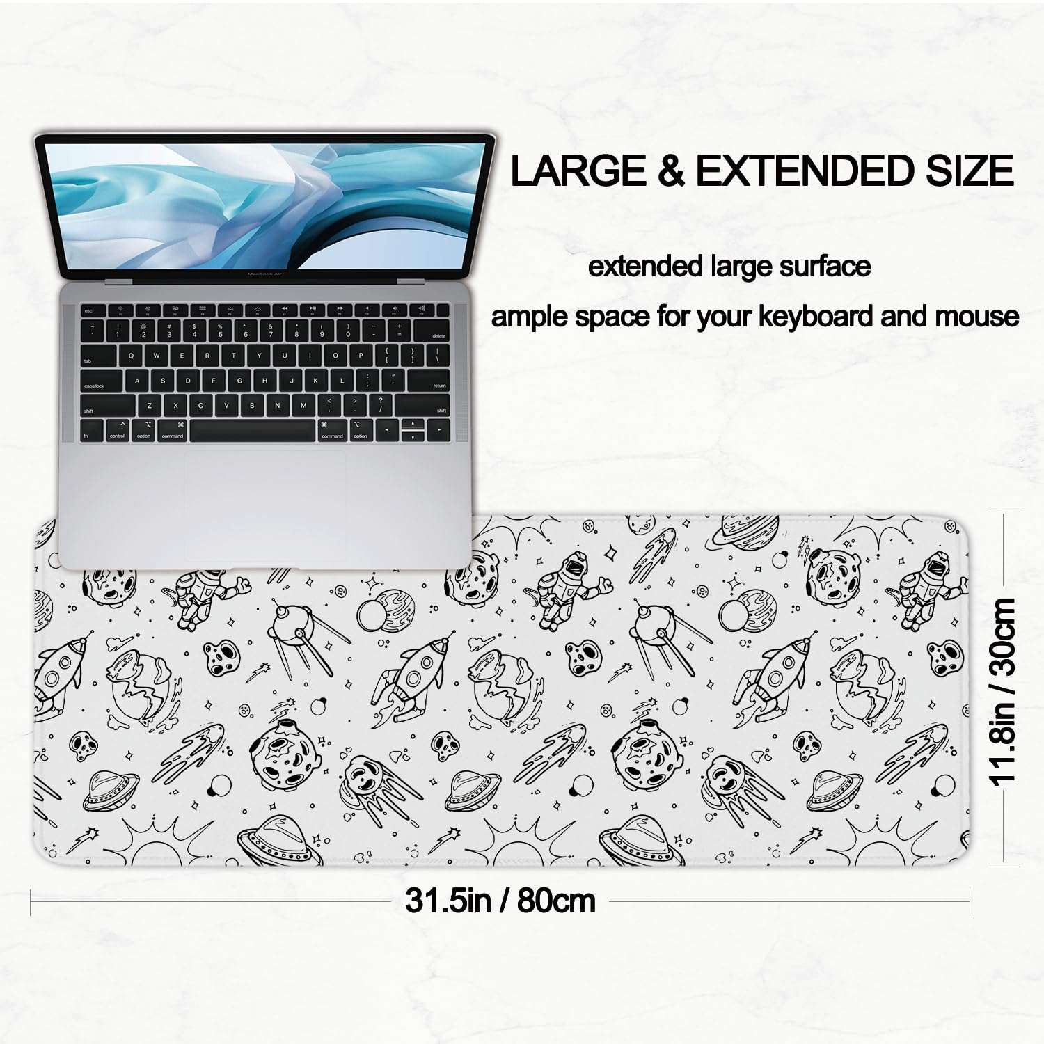 llsxi White Extended Mouse Pads 31.5x11.8inch Large Desk Mat with Stitched Edges,Non-Slip Rubber Base Gaming Mouse Mat for Office,Big Computer Keyboard Desk Pad XL(Astronauts and Spacecraft) 3