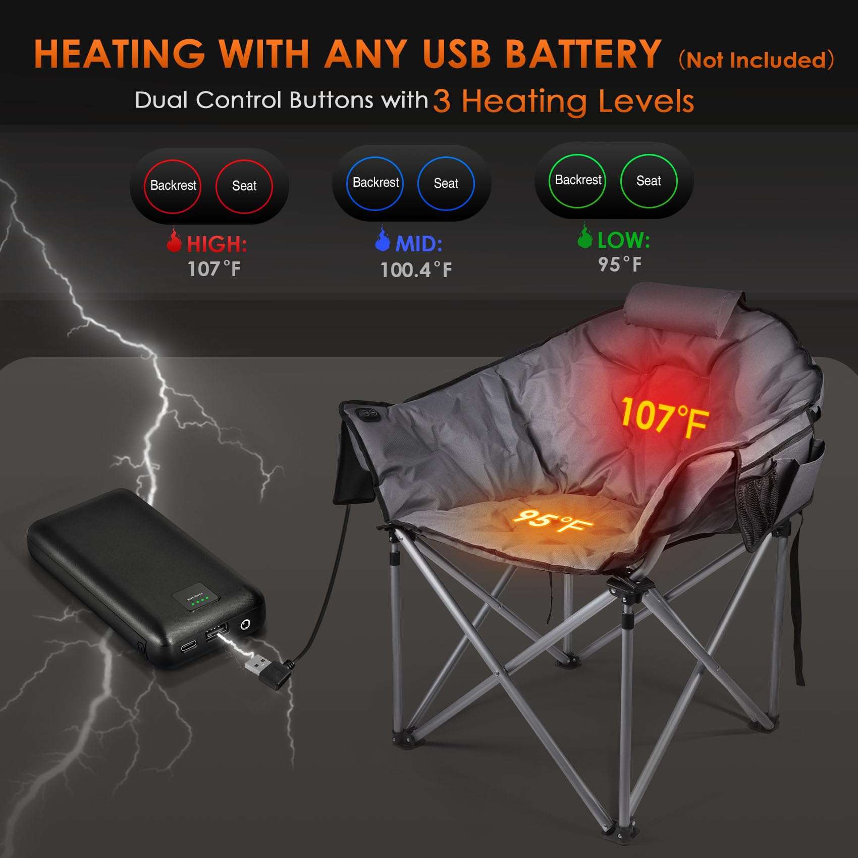 Suteck Heated Camping Chair, Oversized Heated Chairs Outdoor Sports W/3 Heat Levels for Back & Seat, Portable Folding Heated Lawn Chairs for Patio Outdoor Travel, (Battery NOT Included) Grey 5