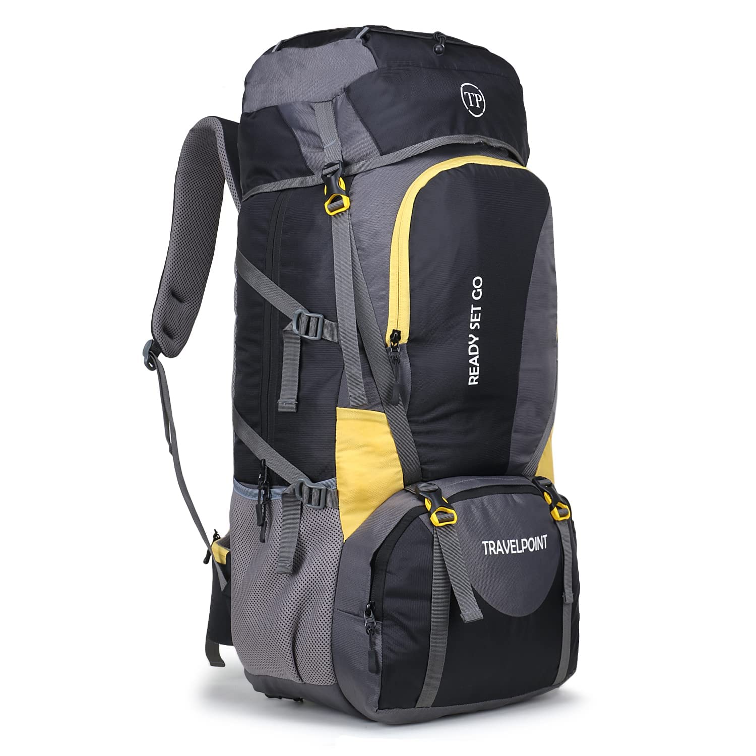 TRAVEL POINT 60L Waterproof Travel Backpack for Outdoor Sport Camp Hiking Trekking Bag Camping Rucksack with Shoe Compartment Tourist Mountain Climbing Bag for Men and Women with rain cover (CURVE-BLACK) 1 Year Warranty 4