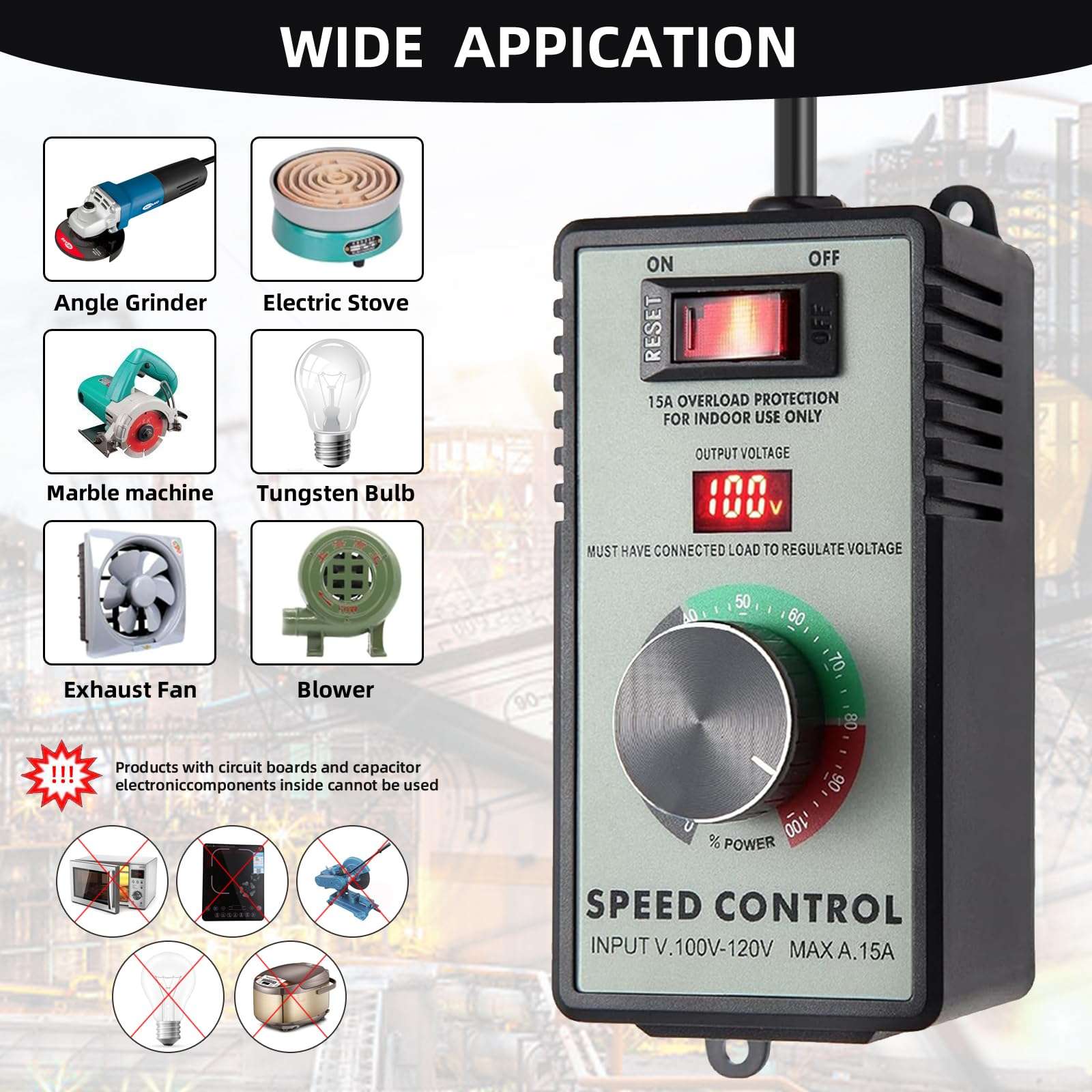 Adjustable 4000W AC Motor Speed Controller for Angle Grinder, Electric Drill, Polishing Machine & Fan - 110V, Variable Speed Control with Overload Protection, Voltage LED Display 5