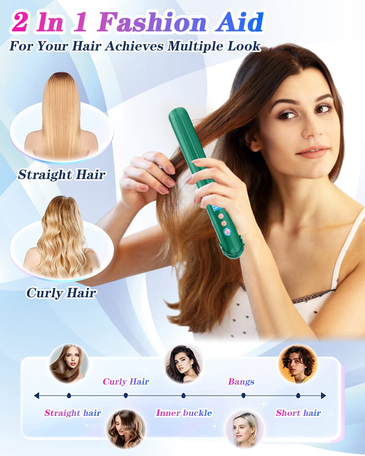 Cordless Hair Straightener, 5000mAh Portable Hair Straightener & Curler 2 in 1 for All Hair Types, 8 Levels Adjustable Temperature USB Rechargeable Non-Slip Ceramic Flat Iron Heats Up Fast for Travel 6