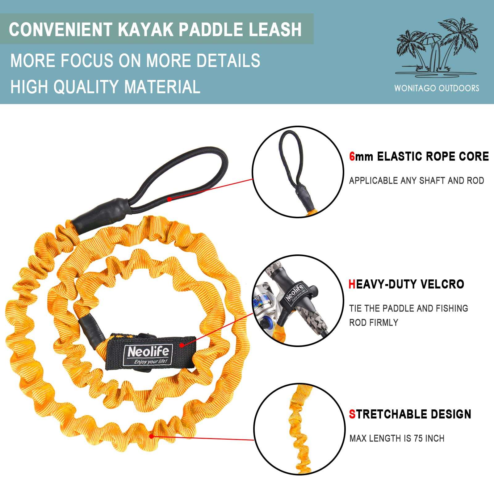 WONITAGO Stretchable Kayak Paddle Leash, Coiled Rod Leash Tool Lanyard for Kayak and SUP Paddles, Fishing Poles Rods，Orange 2 Pack 3