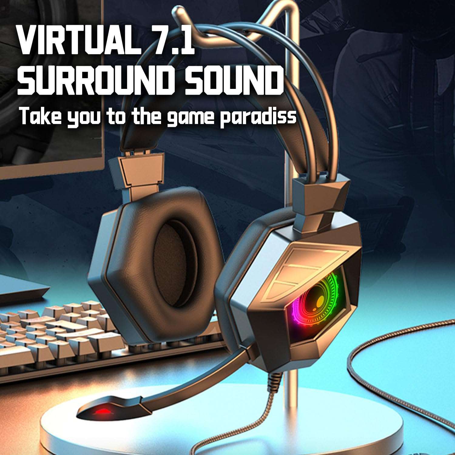 Atanivo Gaming Headset with Microphone for PC, Comfortable Ear Pads, RGB Light, Deep Bass Stereo Sound, Gaming Headphones for Noise Cancelling Mic, Switch, Controller 3