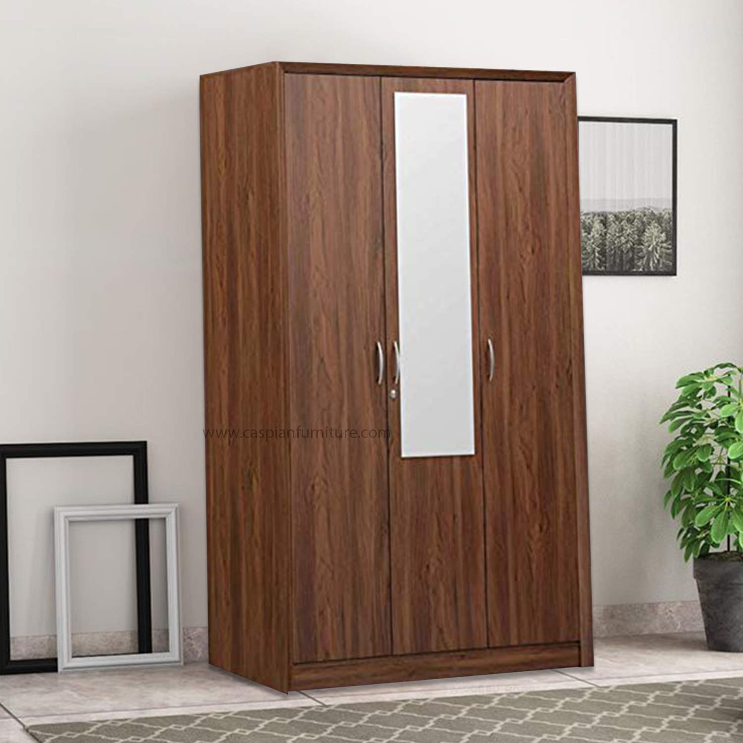 CASPIAN Furniture Light Brown Colour 3 Door Wardrobe Drawer Shelves and Hanging Space for Clothes Wardrobe for Clothes Almirah Cupboard Home Storage with Mirror