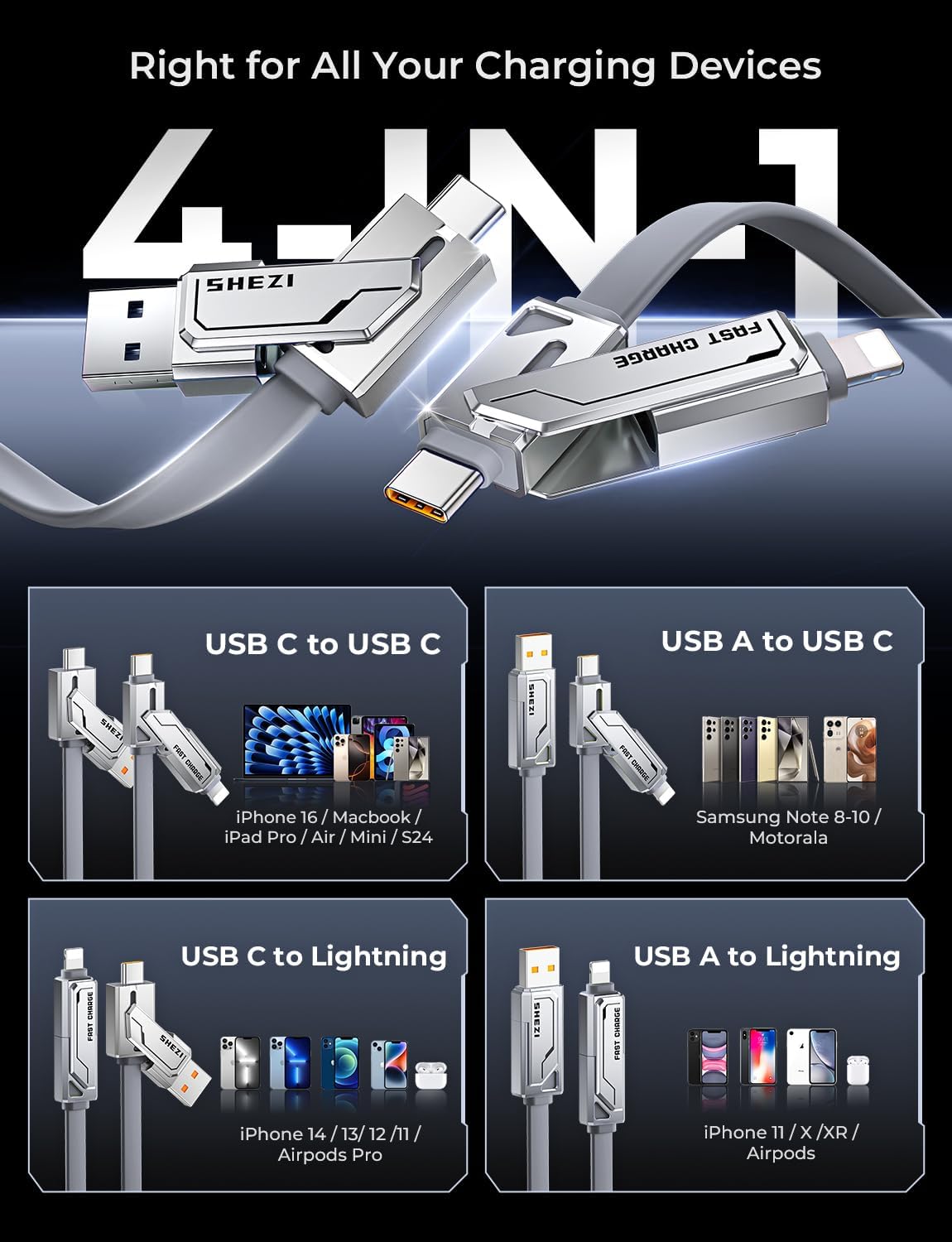 SHEZI 2 Pack Cable Bundle, 4 in 1 240W USB C Cable(Pink) with 4 in 1 USB C Cable 240W 5FT(Grey) Bundle 3