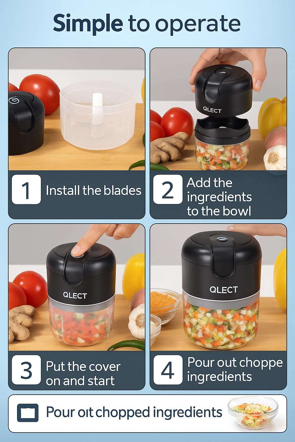 QLECT Electric Mini Chopper, USB Rechargeable Garlic Chopper with Stainless Steel Blades, Portable Food Processor for Onion, Nuts, Ginger, Vegetables & Baby Food (250ml, Black) 5