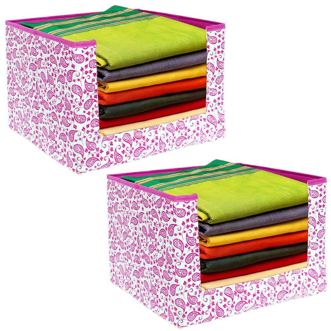 PrettyKrafts Saree Stacker, Foldable, Wardrobe organizer, Clothes Storage, Stackable and Foldable Pink Leaves, Set of 2 1