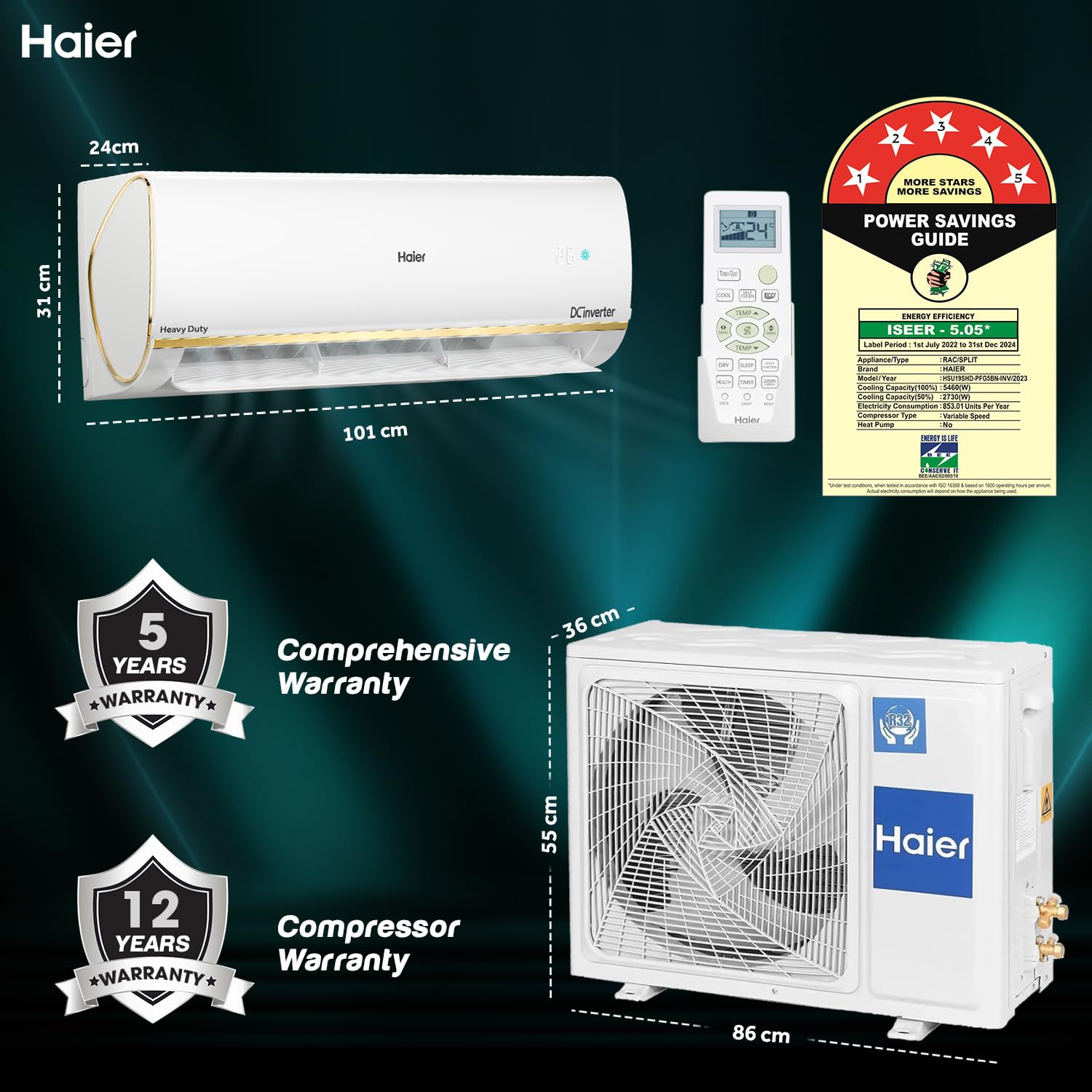Haier 1.5 Ton 5 Star Super Heavy Duty Hexa Inverter Intelli Smart Split AC (Copper, 7 in 1 Convertible, Anti Bacterial Filter, Cools at 60°C Temp, 20 Mtrs Air Throw - HSU19SHD-PFG5BN-INV, 2024 Model) 3