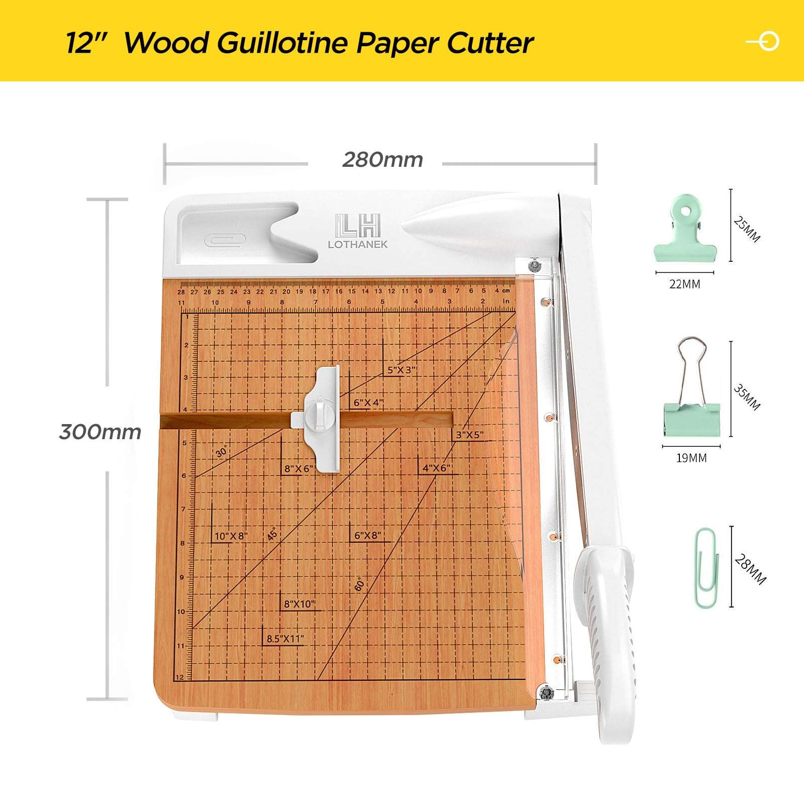 12 Inch Wood Guillotine Paper Cutter, Heavy Duty Wood Base Paper Trimmer with 32 Sheets Paper Cutting Board for Classroom, Crafting, Cardstock, Art Projects (White) 3