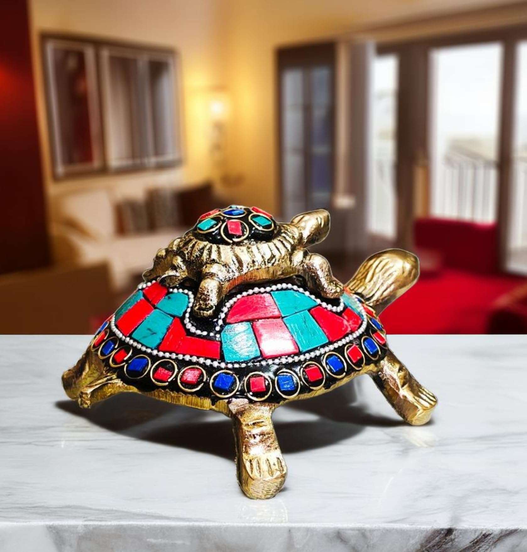 Sanskriti Decor Presents Brass Vastu Feng Shui Tortoise/Kachua with Baby for Career & Good Luck, Wealth & Success in Business, Home Decor/Heavy Meena Work kachuwa 3