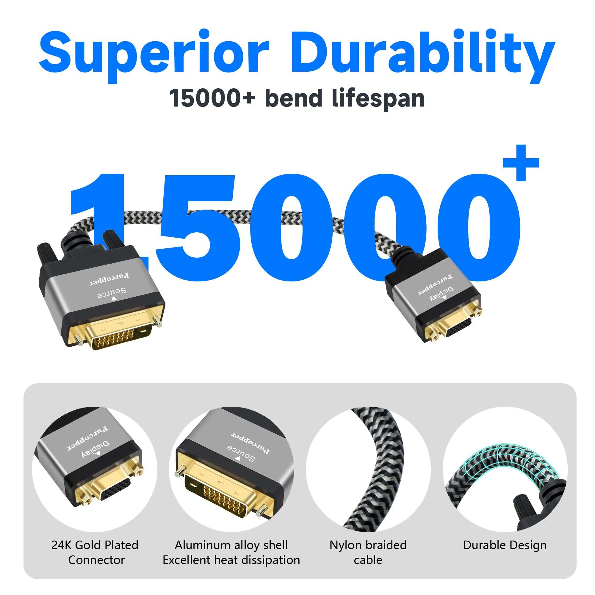 DVI to VGA Adapter 2 Pack, DVI-D 24+1 Male (Source) to VGA Female (Screen) Cable, Braided Cord Converter Connector for Monitor, PC, TV Stick, Raspberry Pi, Computer, Desktop, Laptop, Projector, Xbox 3