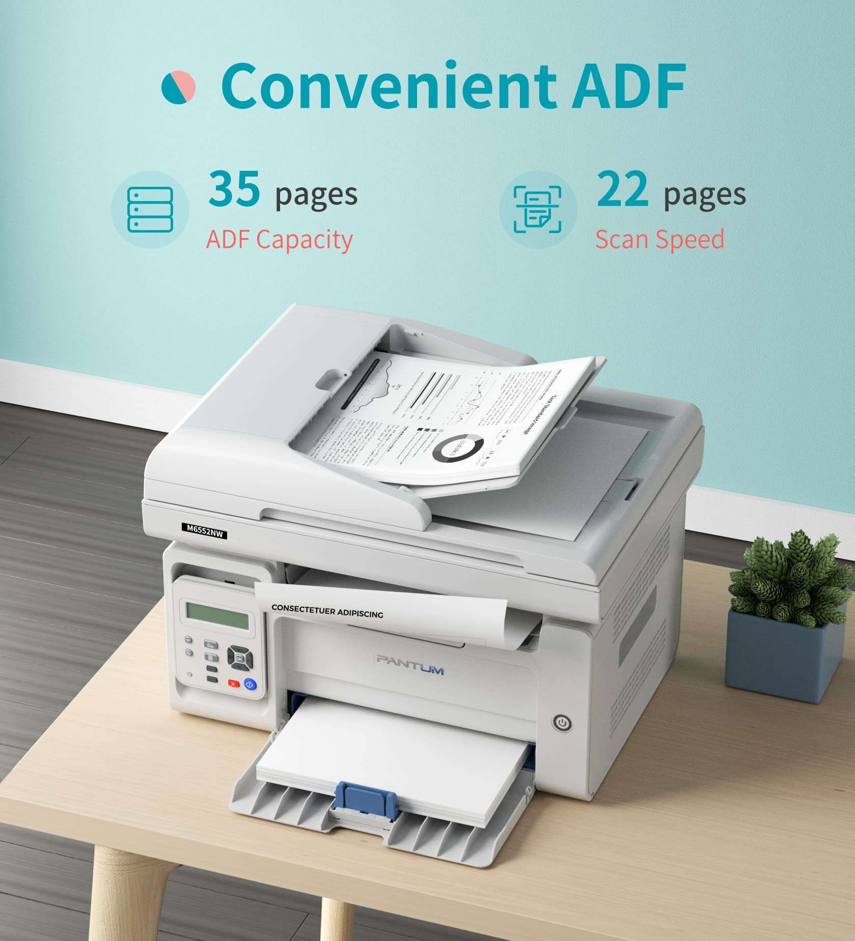 PANTUM All in One Laser Printer Scanner Copier with Auto Document Feeder, Wireless Multifunction Black and White Laser Printer, M6552NW(W4G61A) White with PB-211 Toner 4