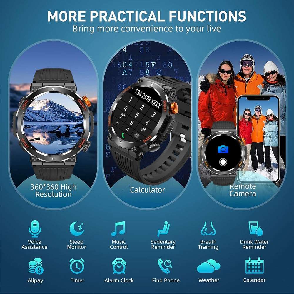 QTLLBT Outdoor Smart Watch 1.46 -inch HD LED Flashlight Compass (answering/Call) Fitness Tracker Smart Watch Meter Measuring The Media News. View Weather Forecast（Blue） 6