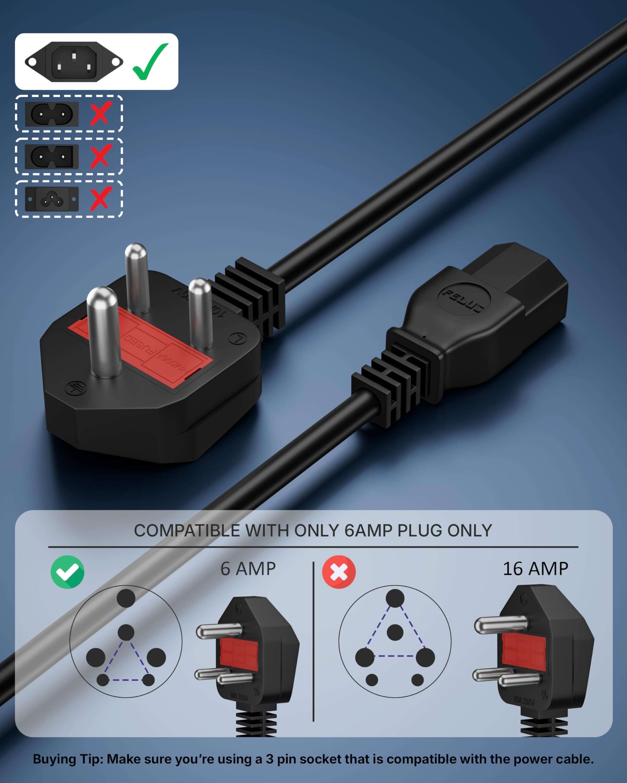 FEDUS 1.8 Meter Desktop PC Computer Power Cord with Protection Fuse, 2500 Watt IEC C13 Power Cable for Gaming pc, 3 Pin Ac Wire Lead for SMPS Power Supply, Monitor, Printer, Electric Kettle, TV 4