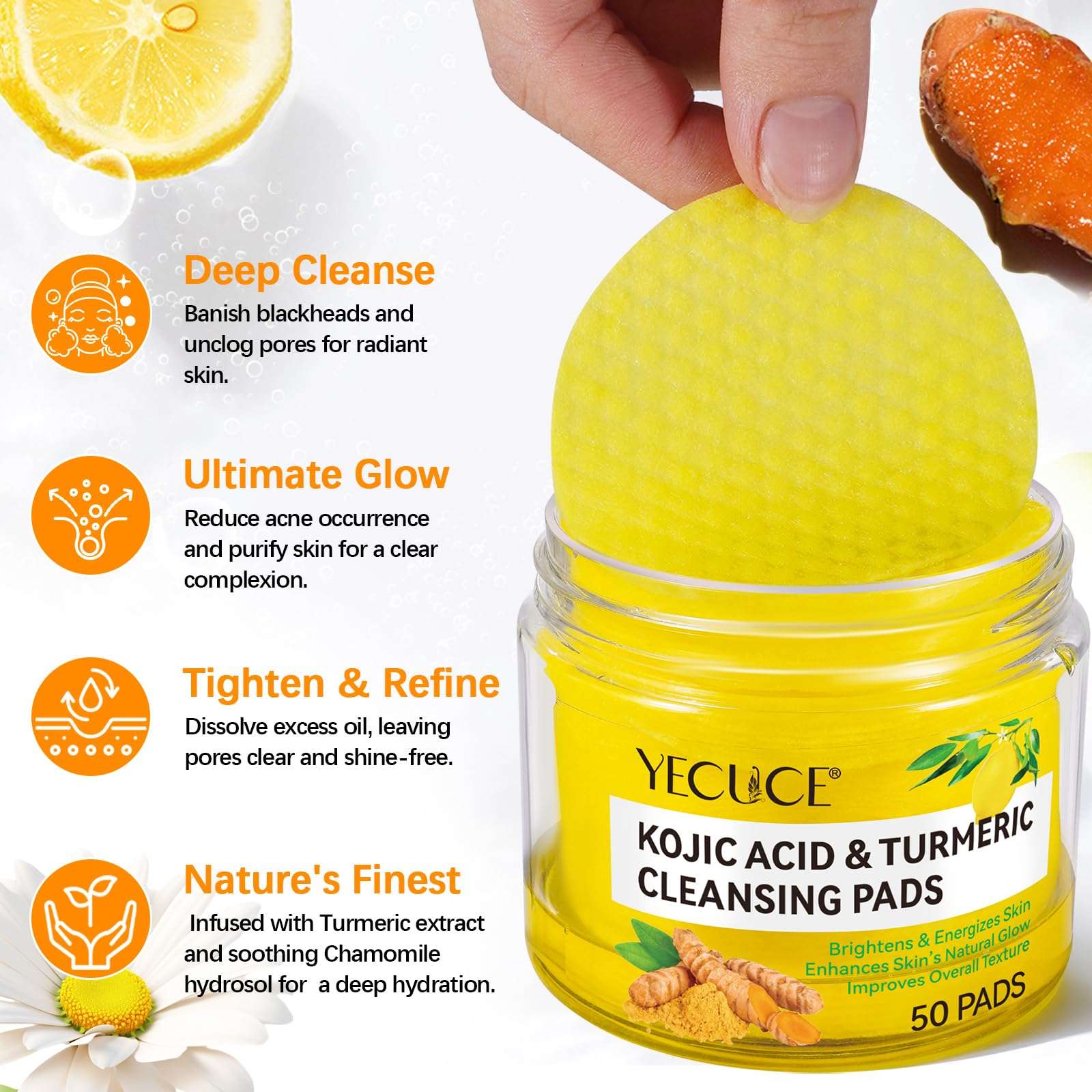 Kojic Acid and Turmeric Cleansing Pads, Turmeric Face Exfoliating Pads, Balance Skin Oil And Water, Gentle, Deep Clean Pore, 50 Count 4