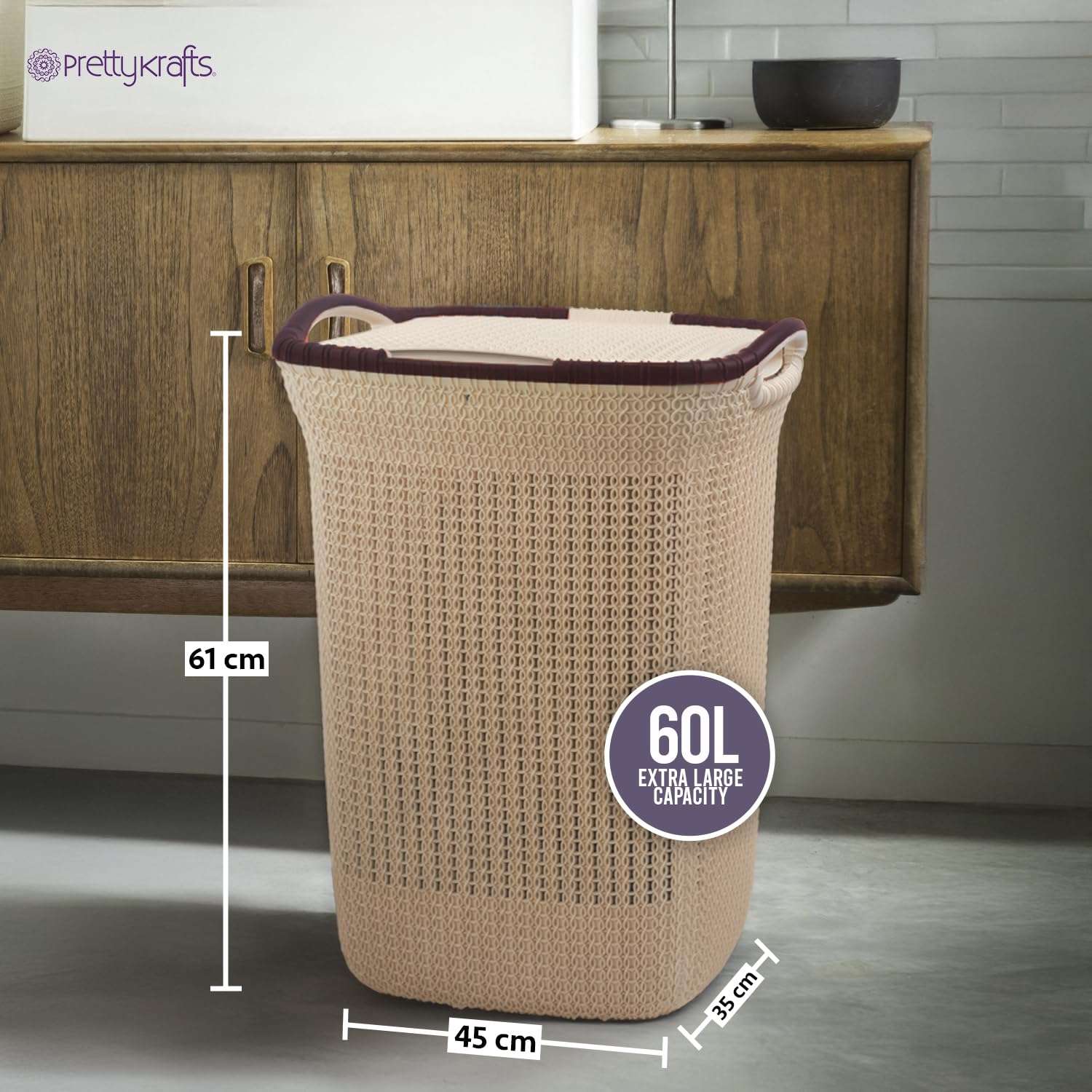 PrettyKrafts 60L Plastic Laundry Basket with Lid | Large Clothes Laundry Basket & Storage Bin | Toy Storage Basket | Multipurpose Storage Organiser | 61x45x35cm | Beige 4