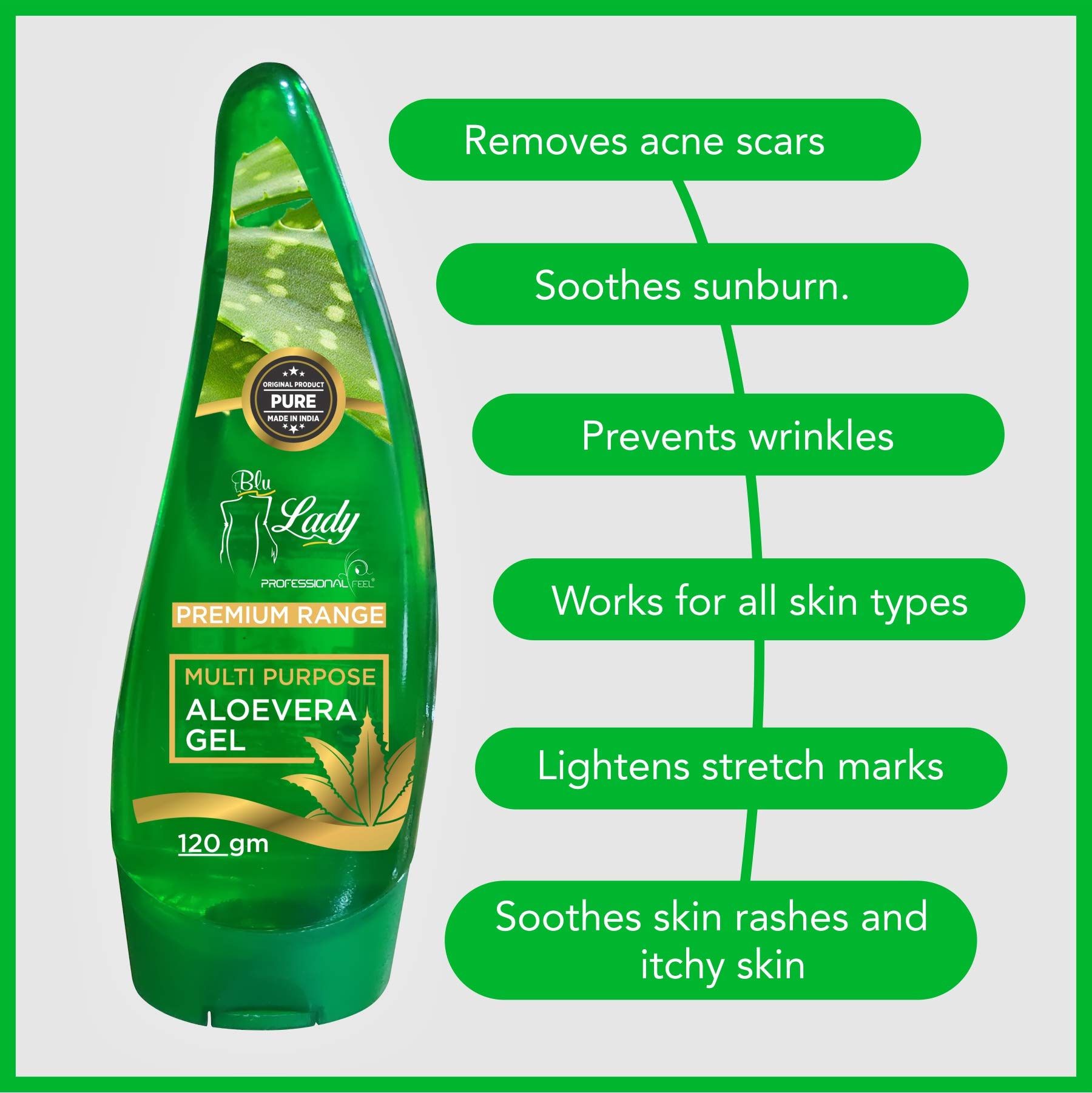 Professional Feel Blue Lady Aloevera Gel, Vitamin C & E Multi Purpose Alovera beauty Gel Beauty Parlour for Instant Skin & Hair All Type Skin Soothing 3