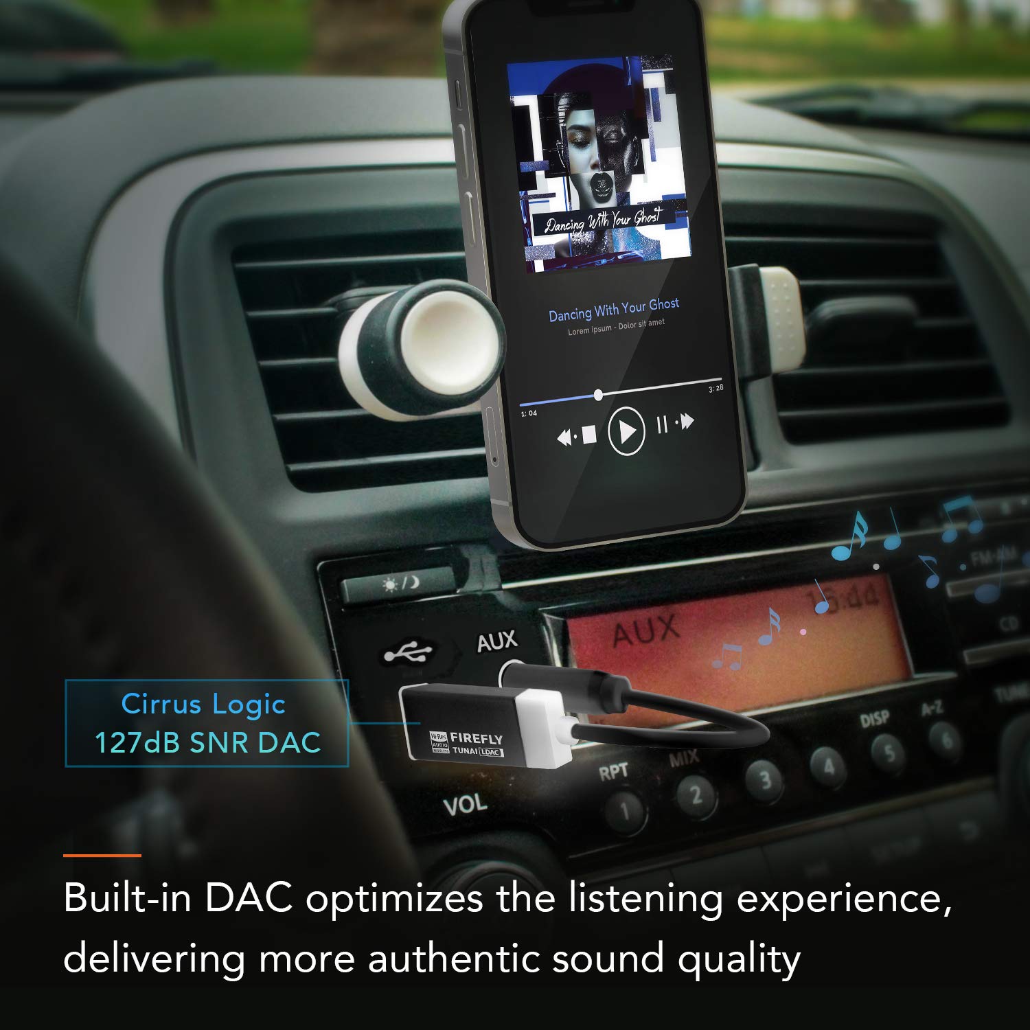 TUNAI Firefly LDAC Bluetooth Receiver: High Resolution Wireless Audio Bluetooth 5.0 Adapter with Audiophile USB DAC 3.5mm AUX for Car/Home Stereo Hi Res Music Streaming; Auto On, No Charging Needed 4
