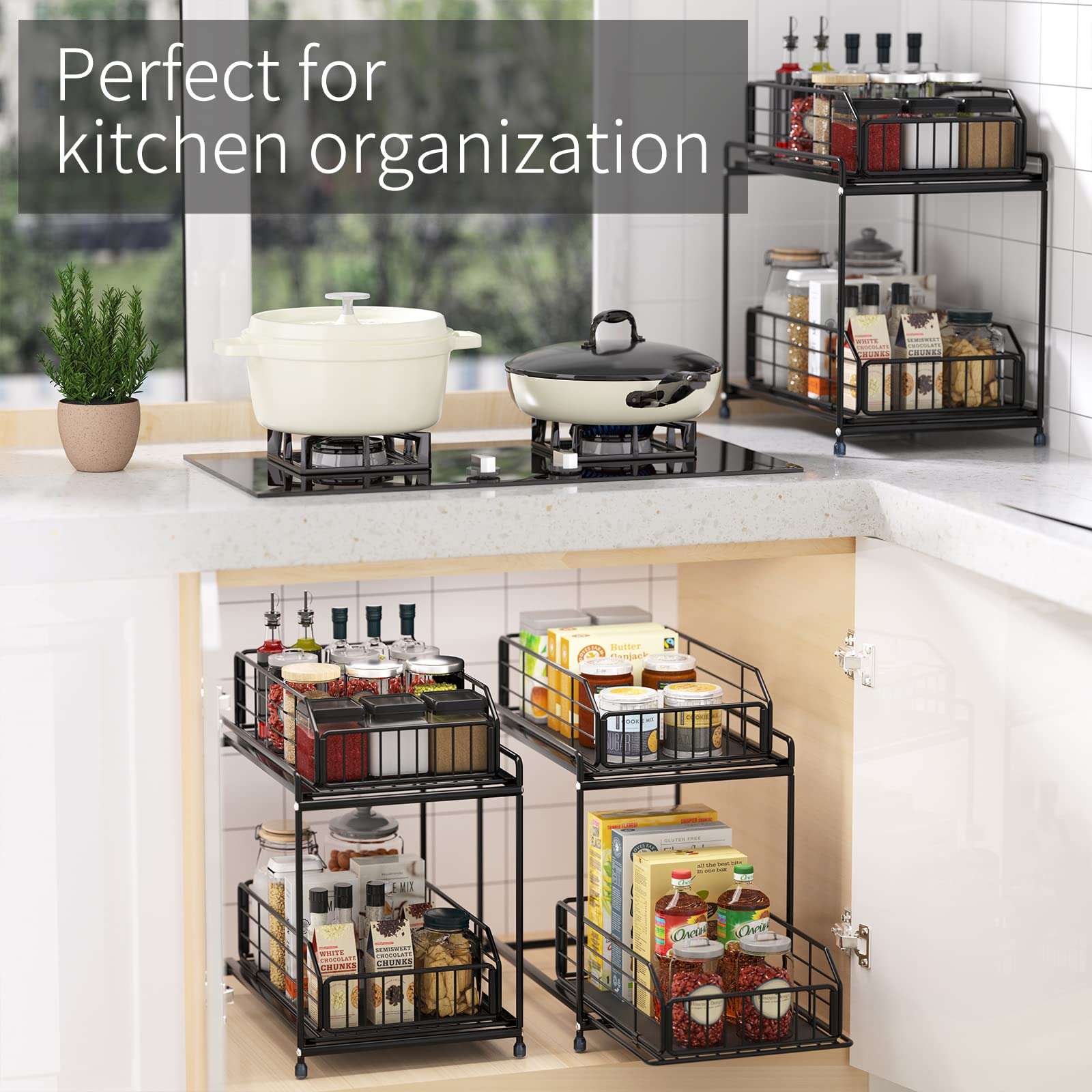 STILLDIO Metal Under Sink Organizer and Storage with 2 Tier Slide Out Wire Baskets Sliding Drawers for Kitchen Bathroom Office Toilet Under Cabinet Shelf Countertop Heavy Duty Collection Space Saver 6