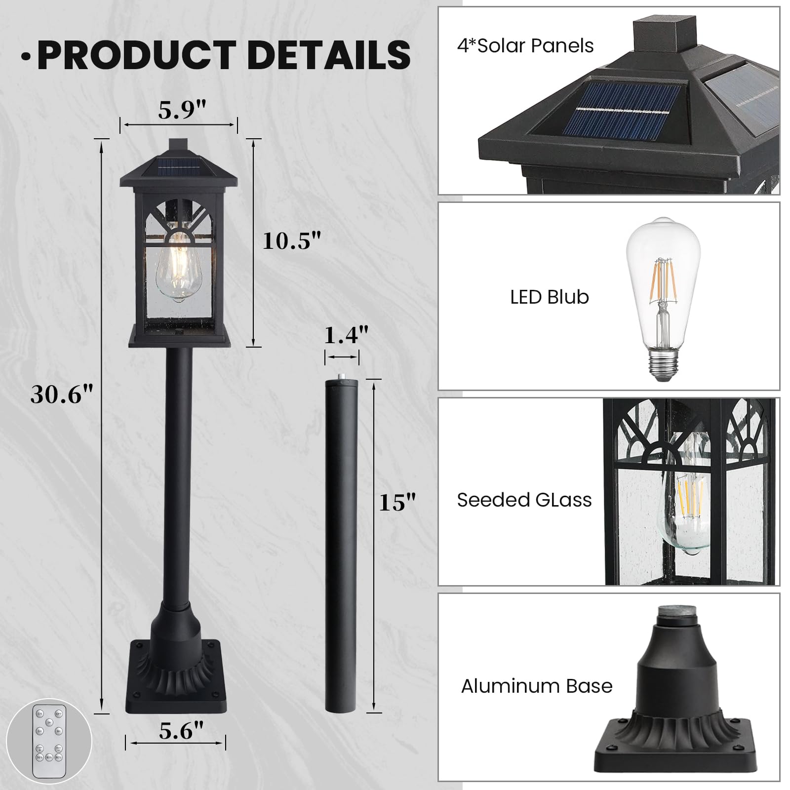 Jafinou 31" Solar Pathway Lights Outdoor, Black Aluminum Bollard Lighting with Remote Control - Dusk to Dawn LED Post Light, IP44 Waterproof for Lawn, Patio, Driveway & Backyard Decor (Bulb Included) 6