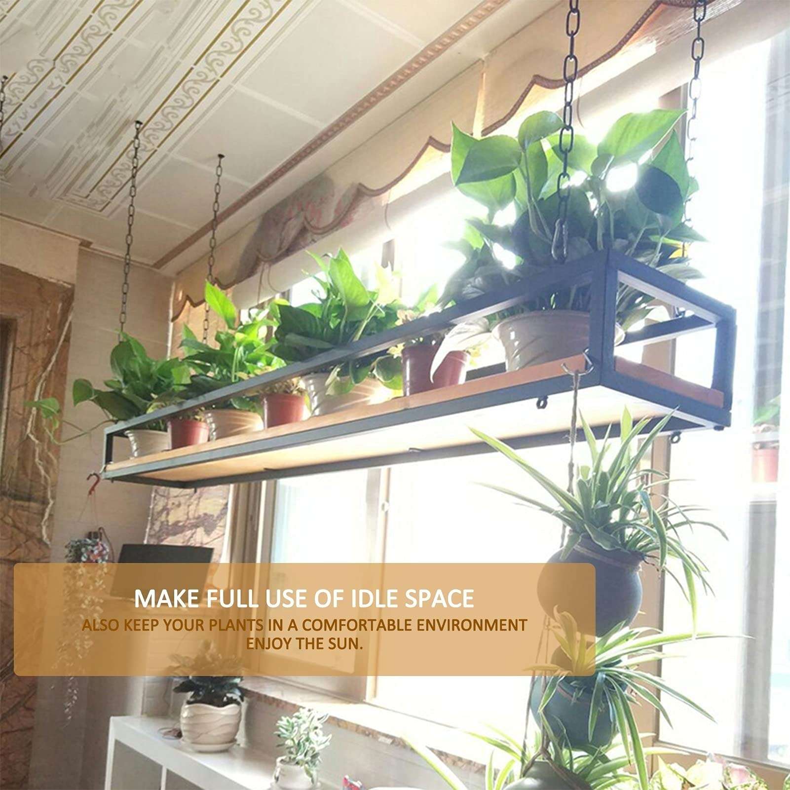 Retro Hanging Flower Shelf Pot Pan rack Storage Rack for Balcony Kitchen, Ceiling-Type Plant Stand Wine Holder Living Room Bar With Iron Chain Article And Wood Bottom Decorations Display Shelving 4