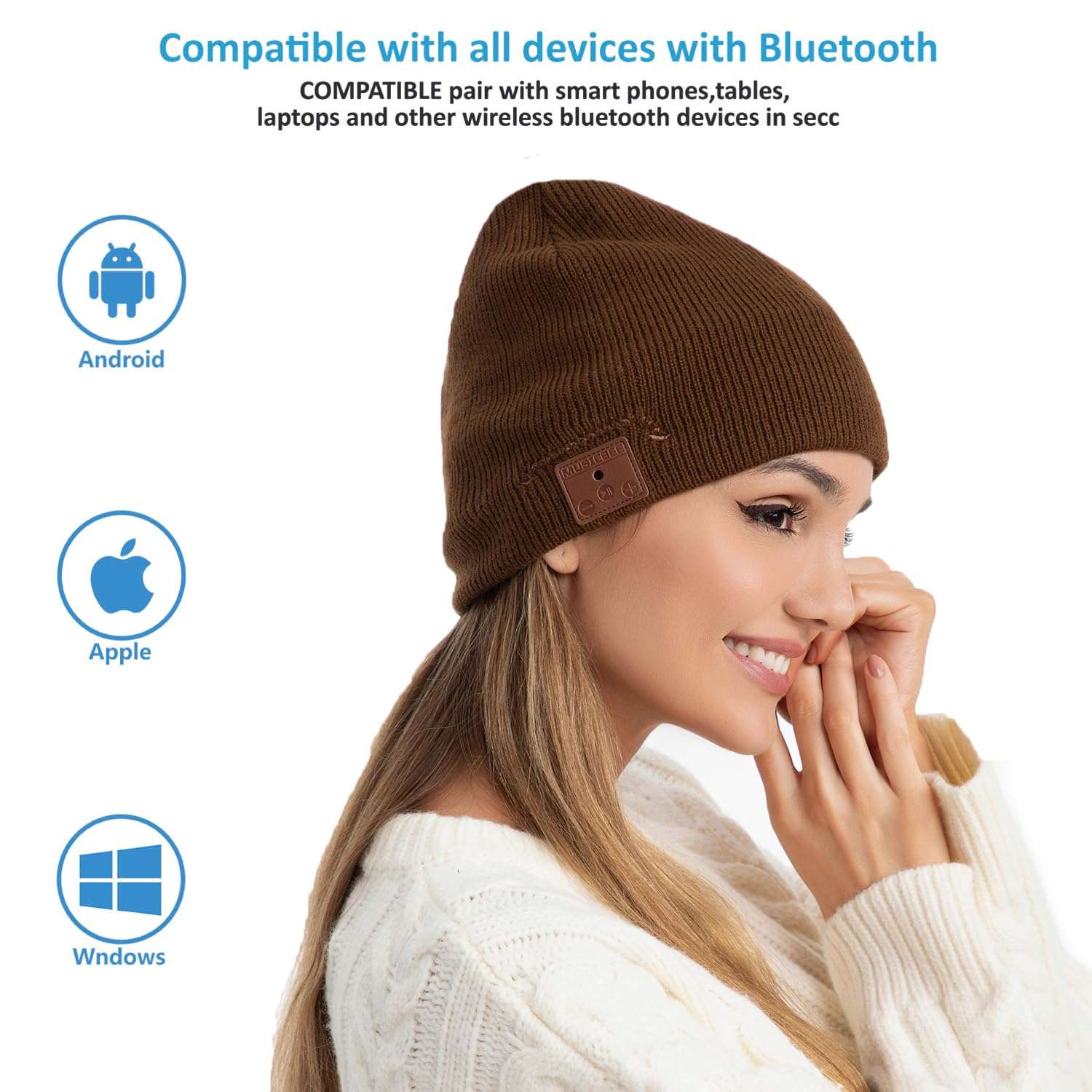 beanie Bluetooth, MUSICBEE Bluetooth V5.2 Wireless Knit Winter Cap, 24 Hour Play time, Built-in Microphone and HD Stereo Speakers(Black 6