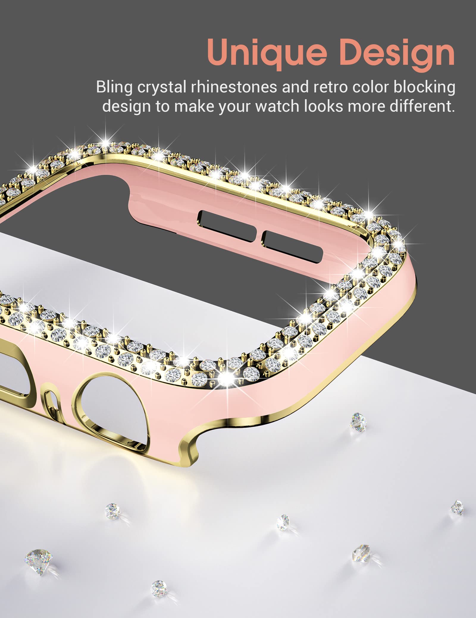 Wearlizer Compatible with Apple Watch Band 44mm/45mm with Case Upgraded Resin Metal Band Stainless Steel Buckle with Bling Crystal Rhinestone Cover for iWatch Series SE/7/6/5/4(Gold+Gold) 5