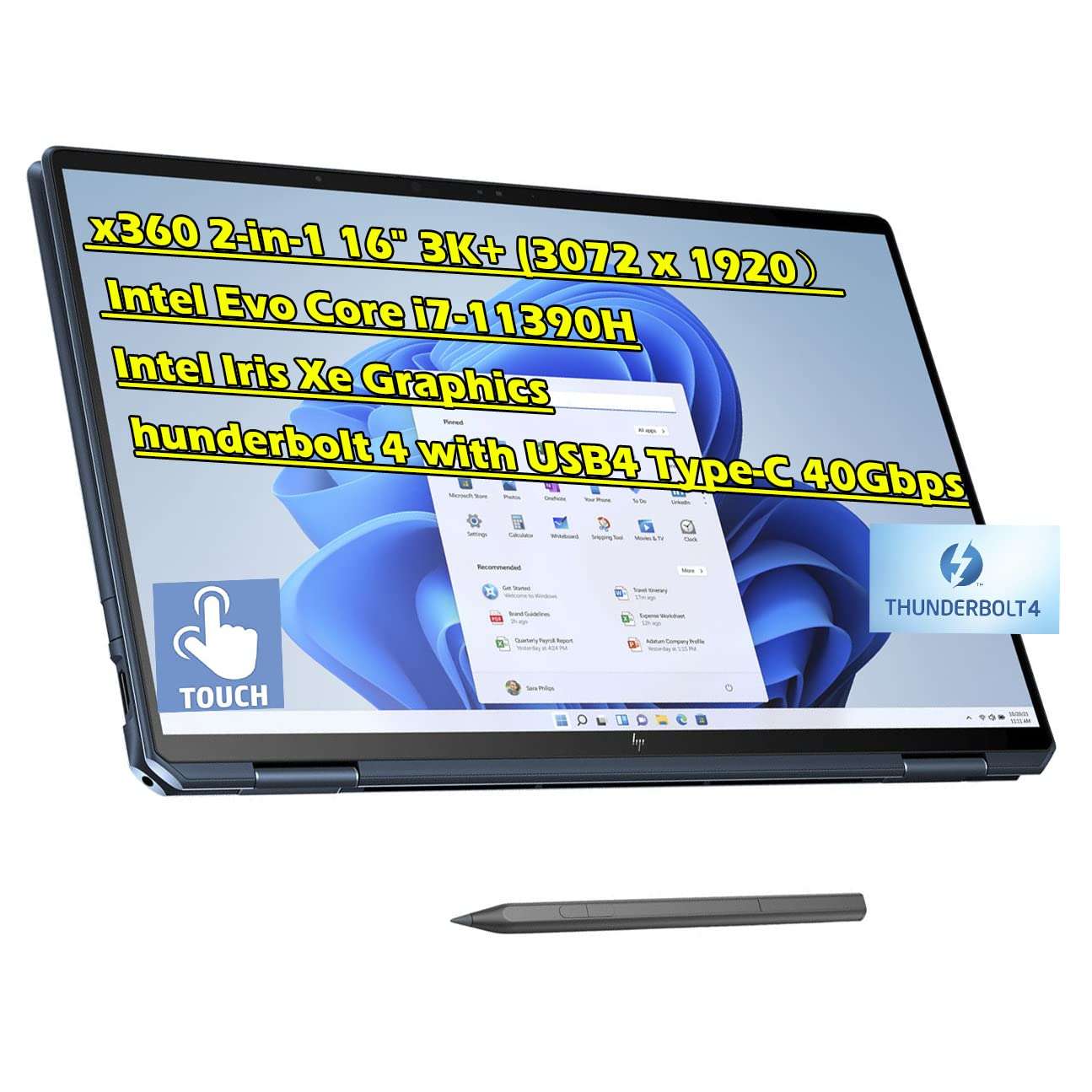 HP Spectre 2-in-1 16" 3K+ (3072 x 1920) Touch-Screen Laptop, Core i7 -11390H, Intel Iris Xe Graphics, Thunderbolt 4, Wi-Fi 6, Webcam, w/HP Pen, Protective Sleeve (16GB RAM | 512GB PCIe SSD) 1