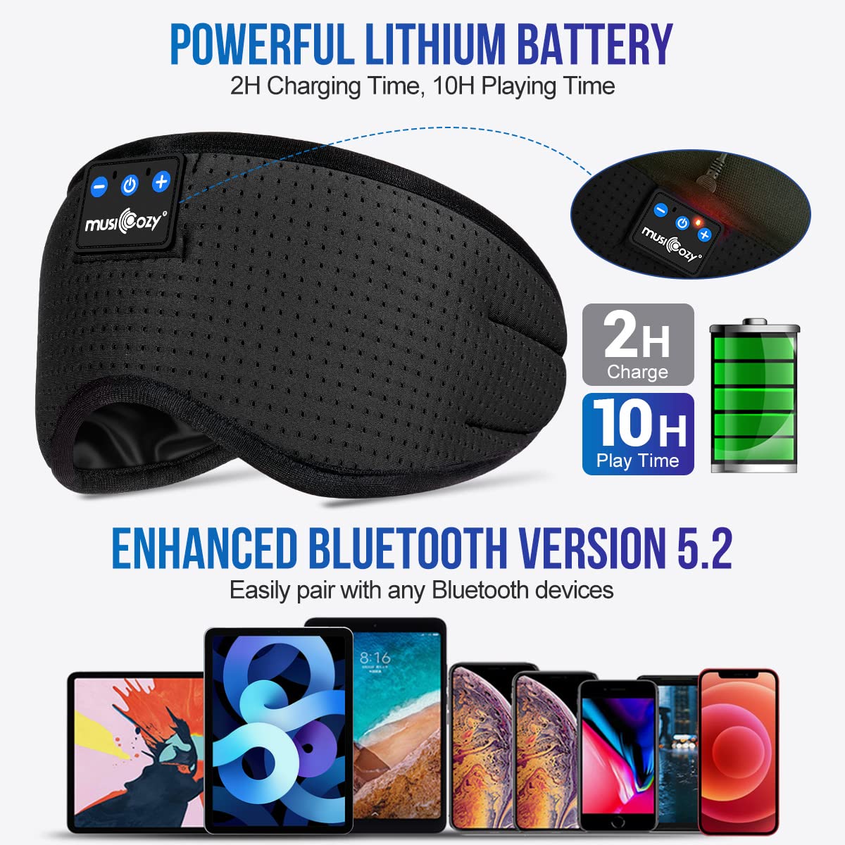 MUSICOZY Sleep Headphones Breathable Bluetooth 5.2 Headband 3D Sleeping Headphones, Wireless Eye Mask Sleep Earbuds for Side Sleeper Office Air Travel Cool Tech Gadgets Unique Gifts (Matte Black) 5