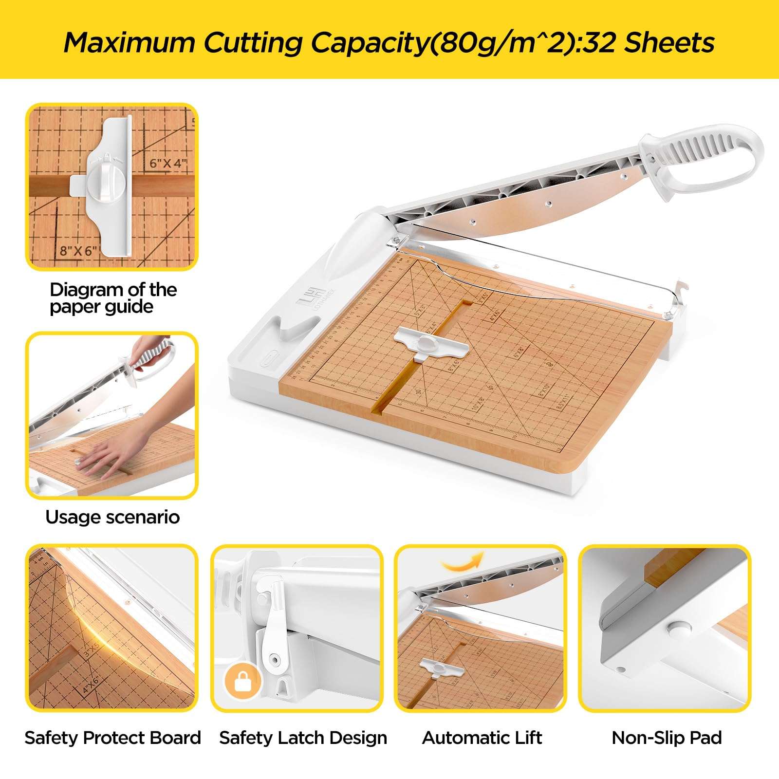 12 Inch Wood Guillotine Paper Cutter, Heavy Duty Wood Base Paper Trimmer with 32 Sheets Paper Cutting Board for Classroom, Crafting, Cardstock, Art Projects (White) 4
