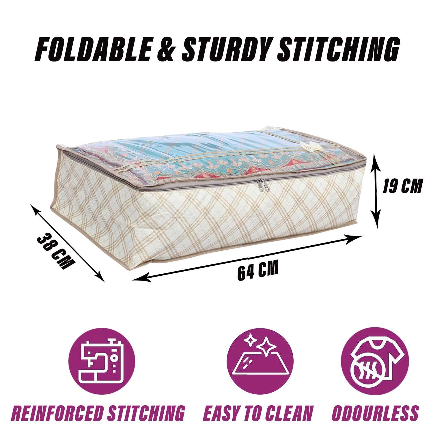 Kuber Industries Lehenga Cover | Non-Woven Gown Cover | Check Bow Pattern Garment Cover | Salwar Suit Cover with Top Transparent | Large | Pack of 2 | Cream 4