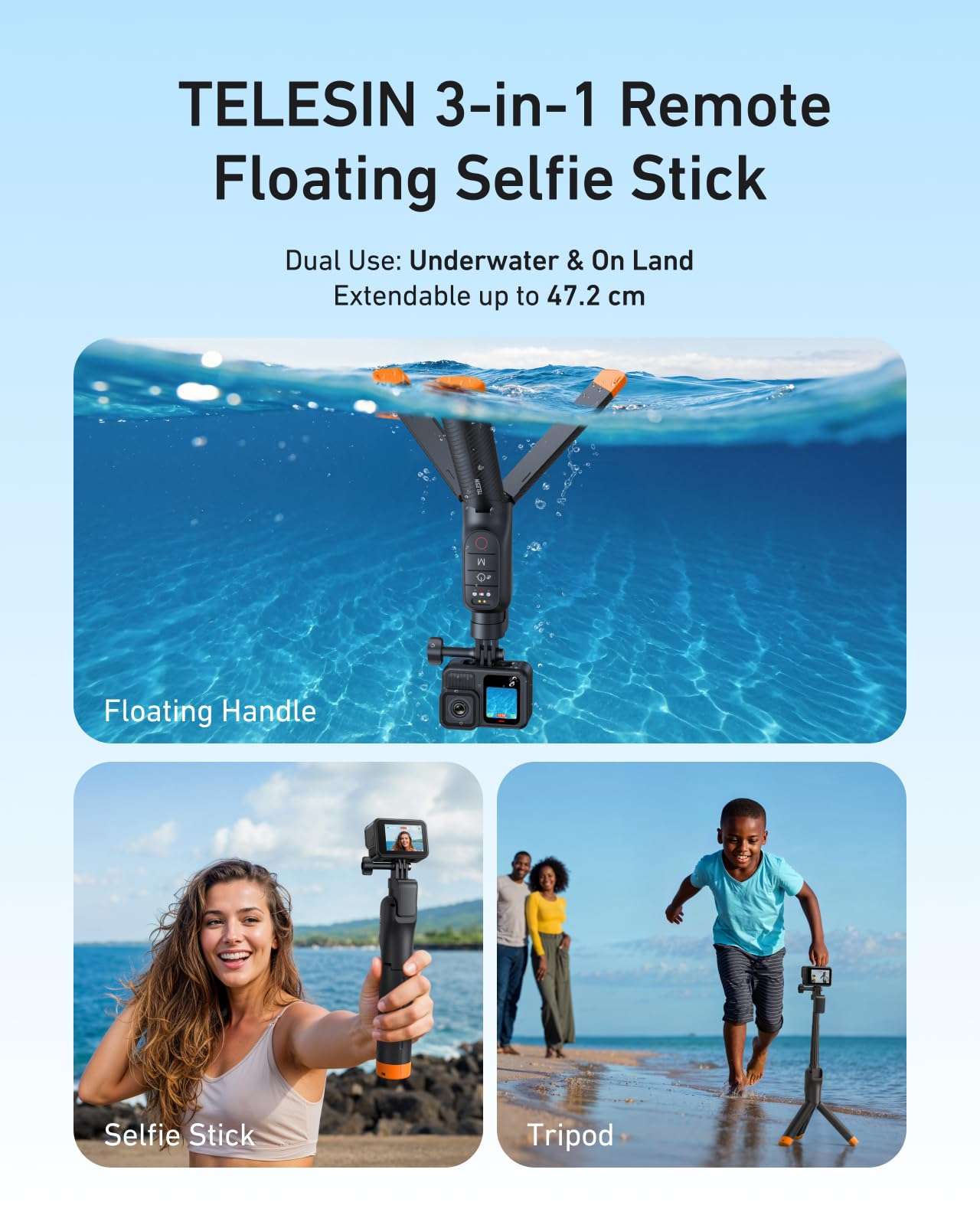 TELESIN Bluetooth Floating Selfie Stick Tripod for GoPro Hero 13/12/11/10/9, Waterproof Extendable Pole 3-in-1 Hand Grip Tripod with Signal Booster, 15M Diving Stick for Surfing, Snorkeling, Vlogging 6