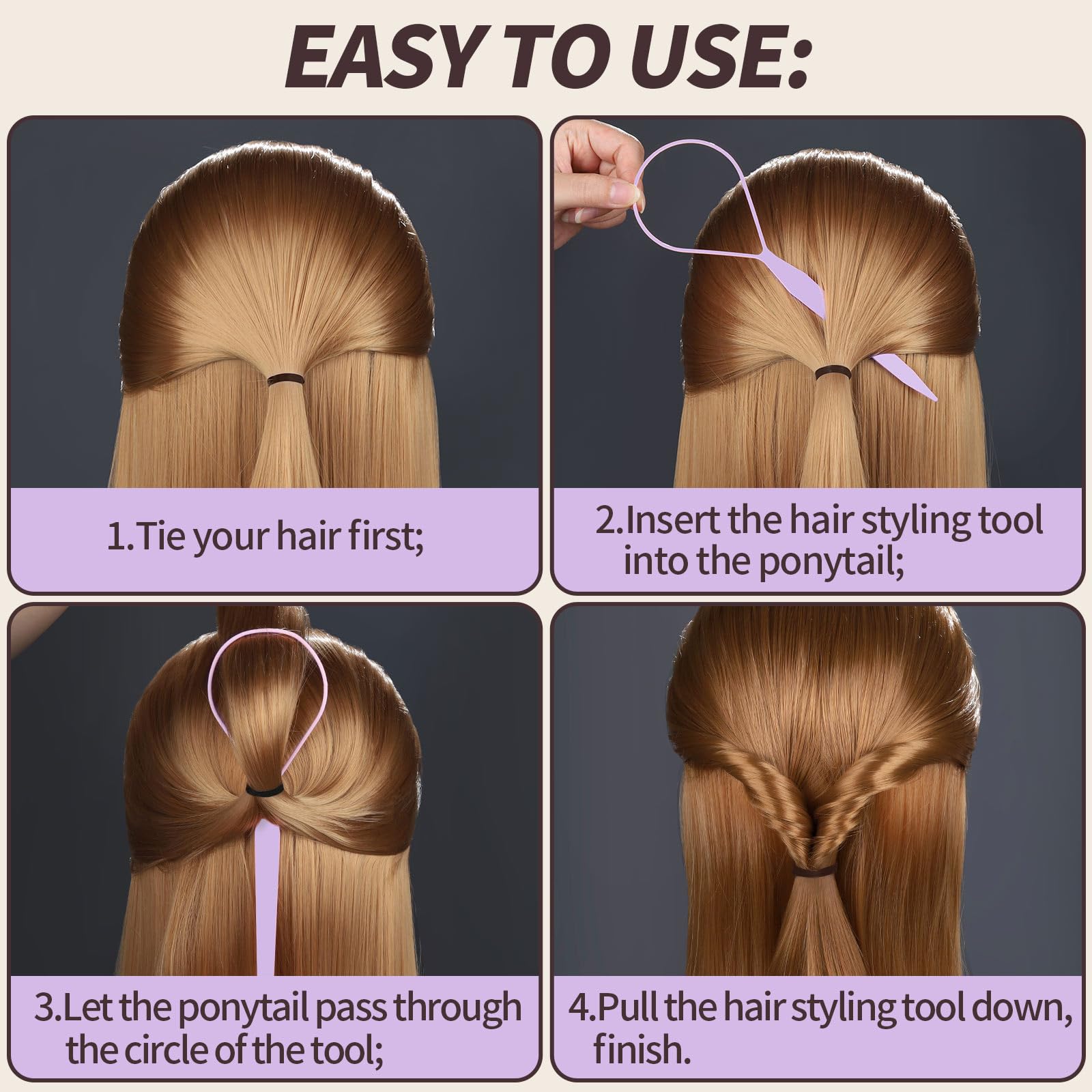 Teenitor 4pcs Pony Tail Hair Tools, 2 Pairs Hair Loop Styling Tool Ponytail Hair Pull Through Tool French Braiding Hair Tool, Hair Loop Styling Tool Hair Accessories for Women Girls Light Purple/White 5