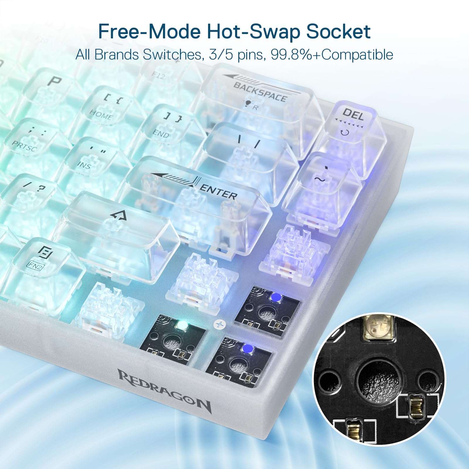 Redragon K631 PRO 65% 3-Mode Wireless RGB Gaming Keyboard, 68 Keys Compact Full-Transparent Mechanical Keyboard w/Hot-Swap Free-Mod PCB Socket, Translucent Custom Switch - White 5