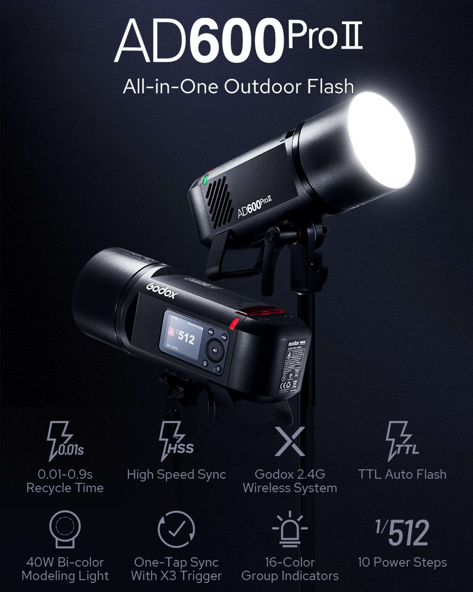 Godox AD600PRO II AD600PRO-II 600W Flash - Professional Bowens Mount, High-Speed Sync, One-Tap Sync with X3 Trigger - 40W Bi-Color Modeling Light 3