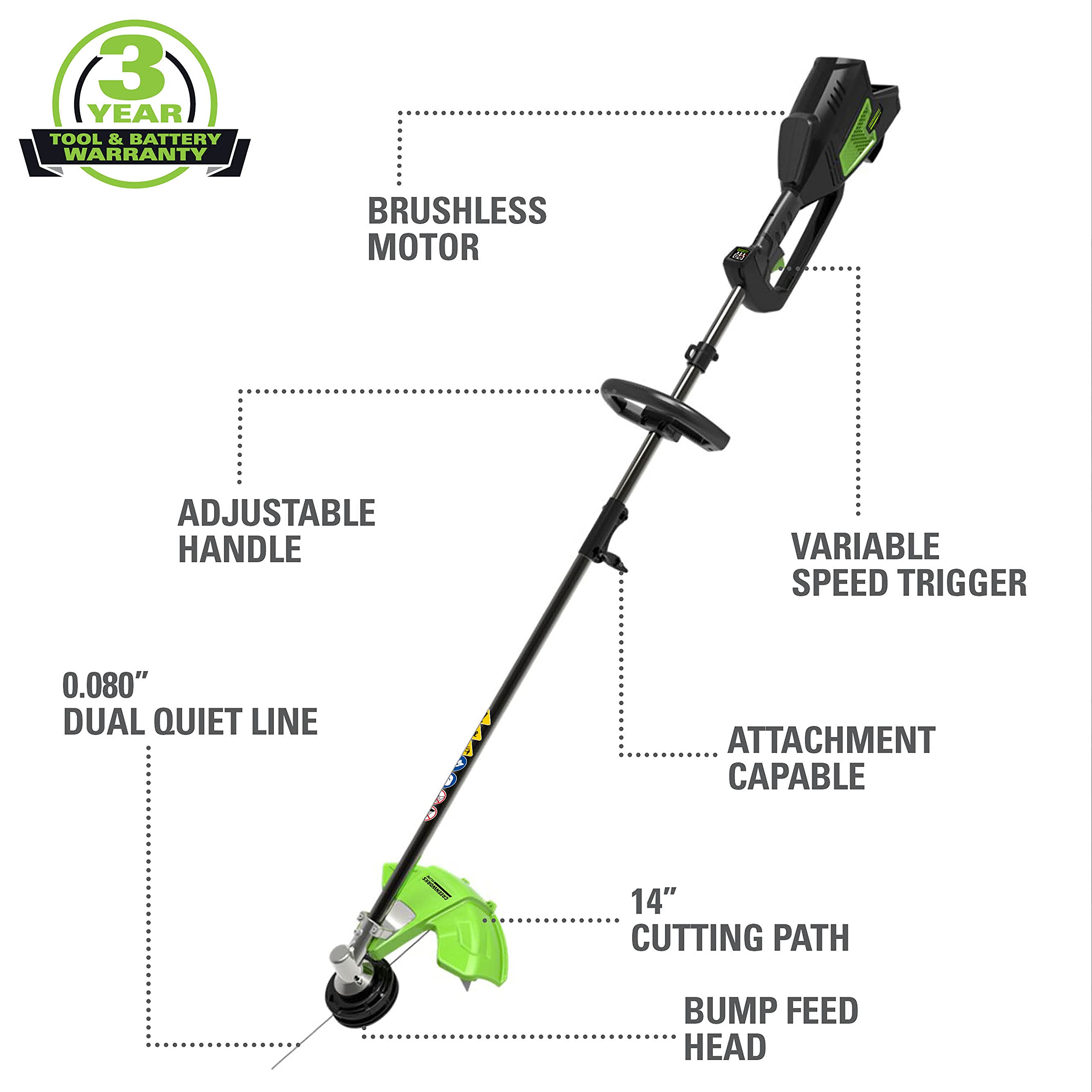Greenworks 40V 14 inch (Attachment Capable) String Trimmer, 6.0Ah Battery and Charger Included ST-140-A 3