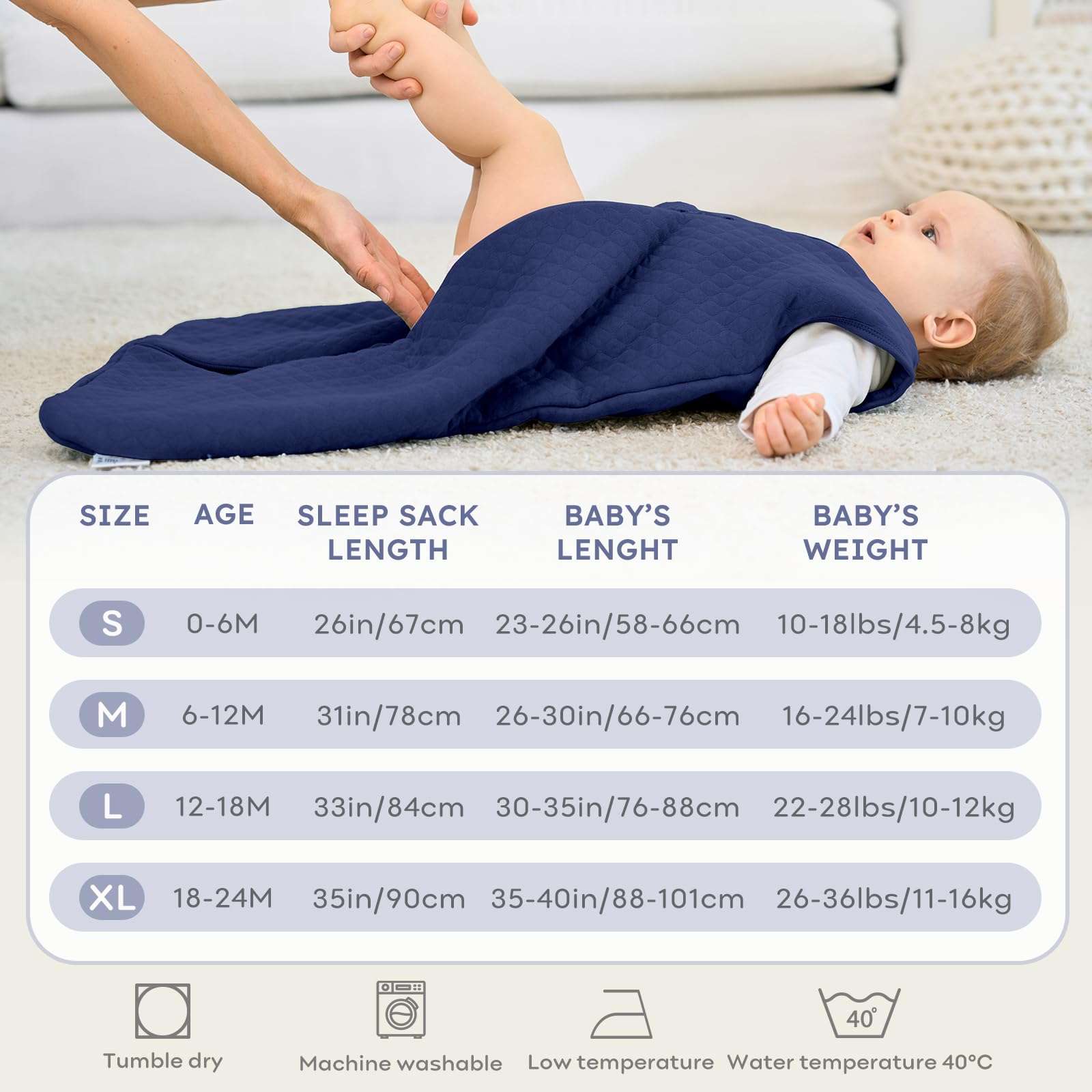 Baby Sleep Sack 0-6 Months 2.5 TOG, Winter Cotton Sleep Sacks Newborn and Infant, Warm Quilted Baby Wearable Blanket, Newborn Sleeping Bag with 2-Way Zipper Blue 1 Pack 5