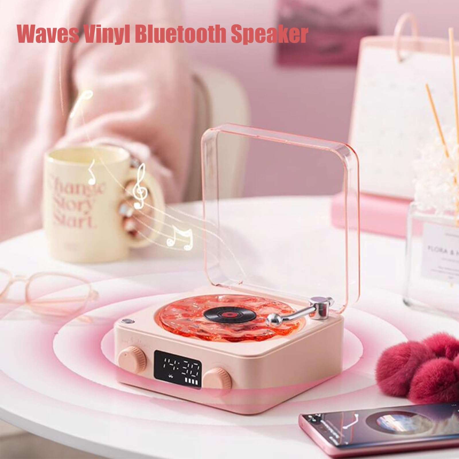 Generic Aquavinyl Waves Mini Speaker, Retro-Style Wireless The Waves Vinyl Player for Sea White Noise with Bedroom Clock Ambience Light,Aqua Vinyl Bluetooth Speaker for Bedroom Home Office (Green) 3