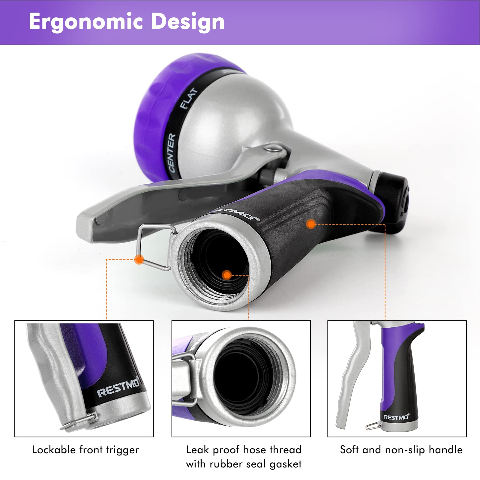 RESTMO Garden Hose Nozzle, Heavy Duty Metal Hose Wand with 7 Adjustable Spray Patterns, High Pressure Hand Sprayer with Flow Control, Best for Watering Plants & Lawns, Washing Cars & Pets 6