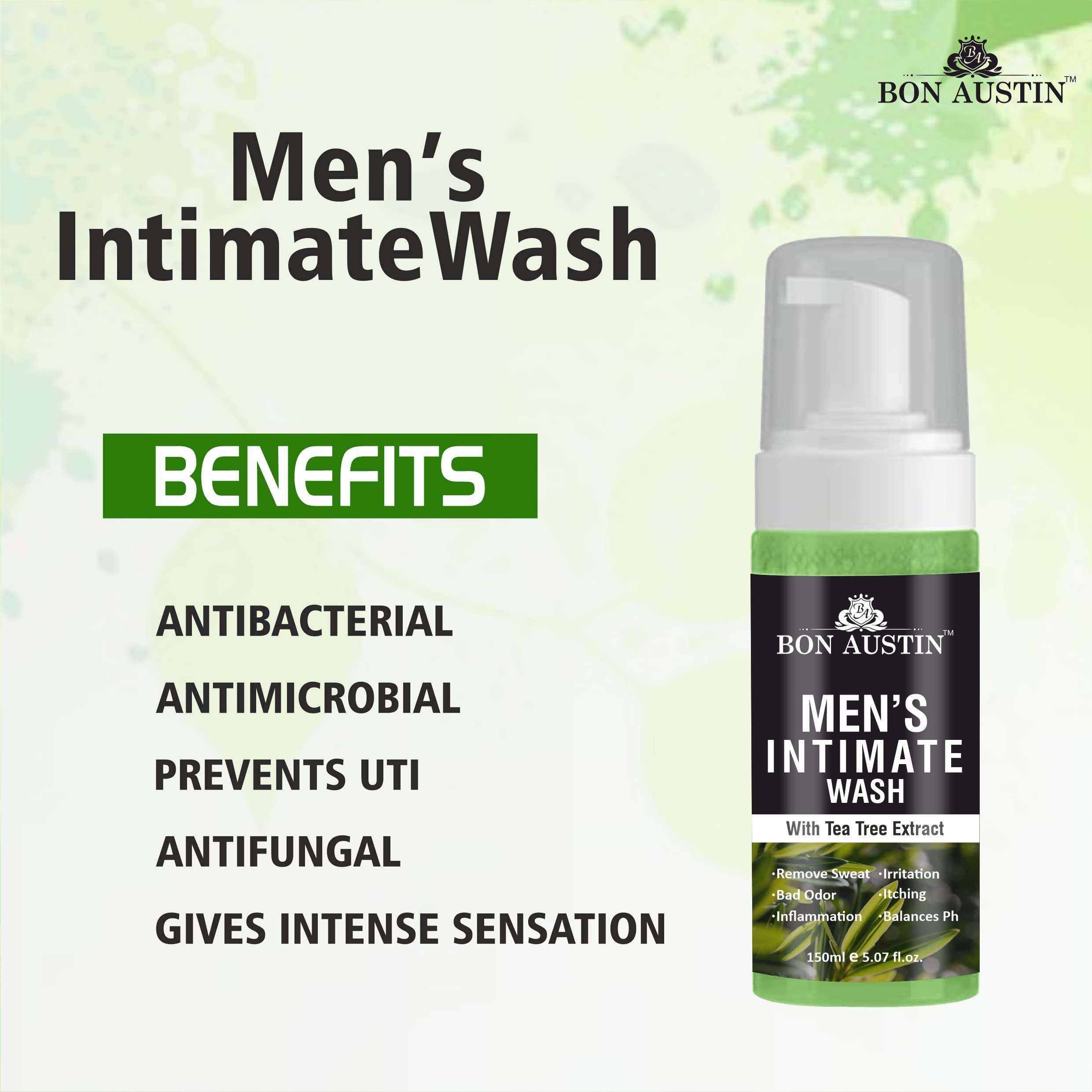 Bon Austin Men's Intimate Wash with Tea Tree Extract Anti-Fungal|Anti-Itching Mens Intimate Hygiene Care Body Wash Pack of 2 of 150ML (300 ML) 5