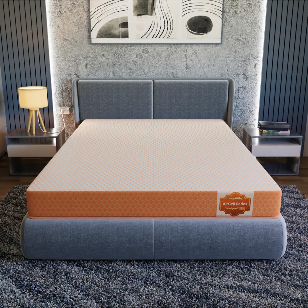 SleepyHug AirCell Ortho Spinex Plus 4 inch HR Foam Mattress | 3 Zones Support |5 Years Warranty | Back Pain Relief |Spine Alignment | Single Bed Size White & Orange (LxWxH -72x36x4 Inch)