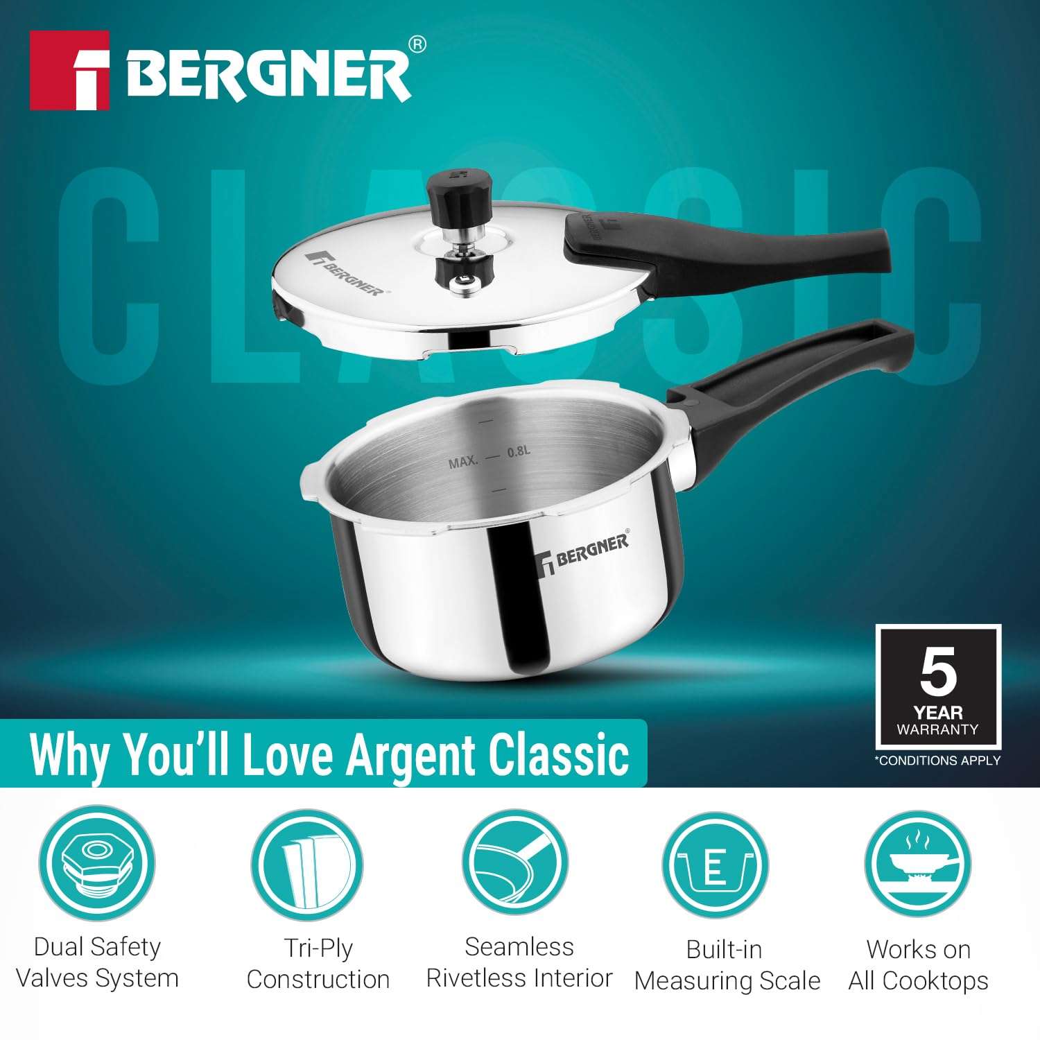 Bergner Argent Classic Triply Stainless Steel 1 Liter Outer Lid Pressure Cooker, Mini Baby Cooker with Resettable Safety Valve, Sturdy Handle, Easy to Use and Clean - Induction and Gas Stove Ready 5