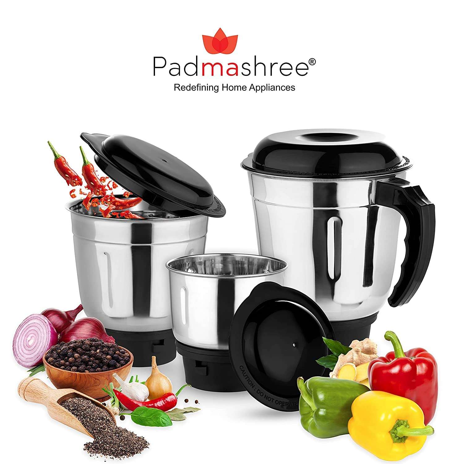 Padmashree Mixer Grinder Jar Set of 3 | Stainless Steel Jar for Mixer | 1 Chutney Jar, 1 Medium Jar, 1 Large Jar | Mixer Juicer Jar / 100 ml 3